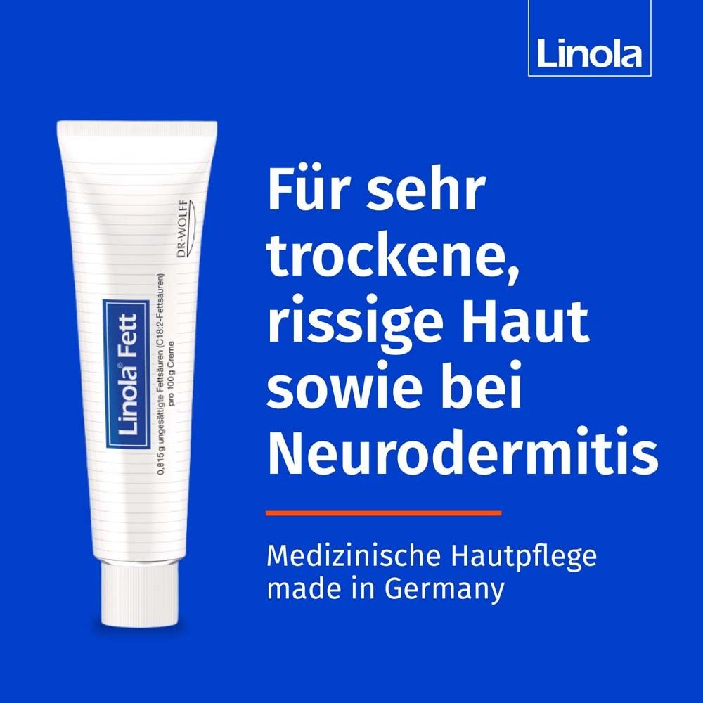 Weiße Tube Linola Fett auf blauem Hintergrund. Text: Für sehr trockene, rissige Haut sowie bei Neurodermitis.