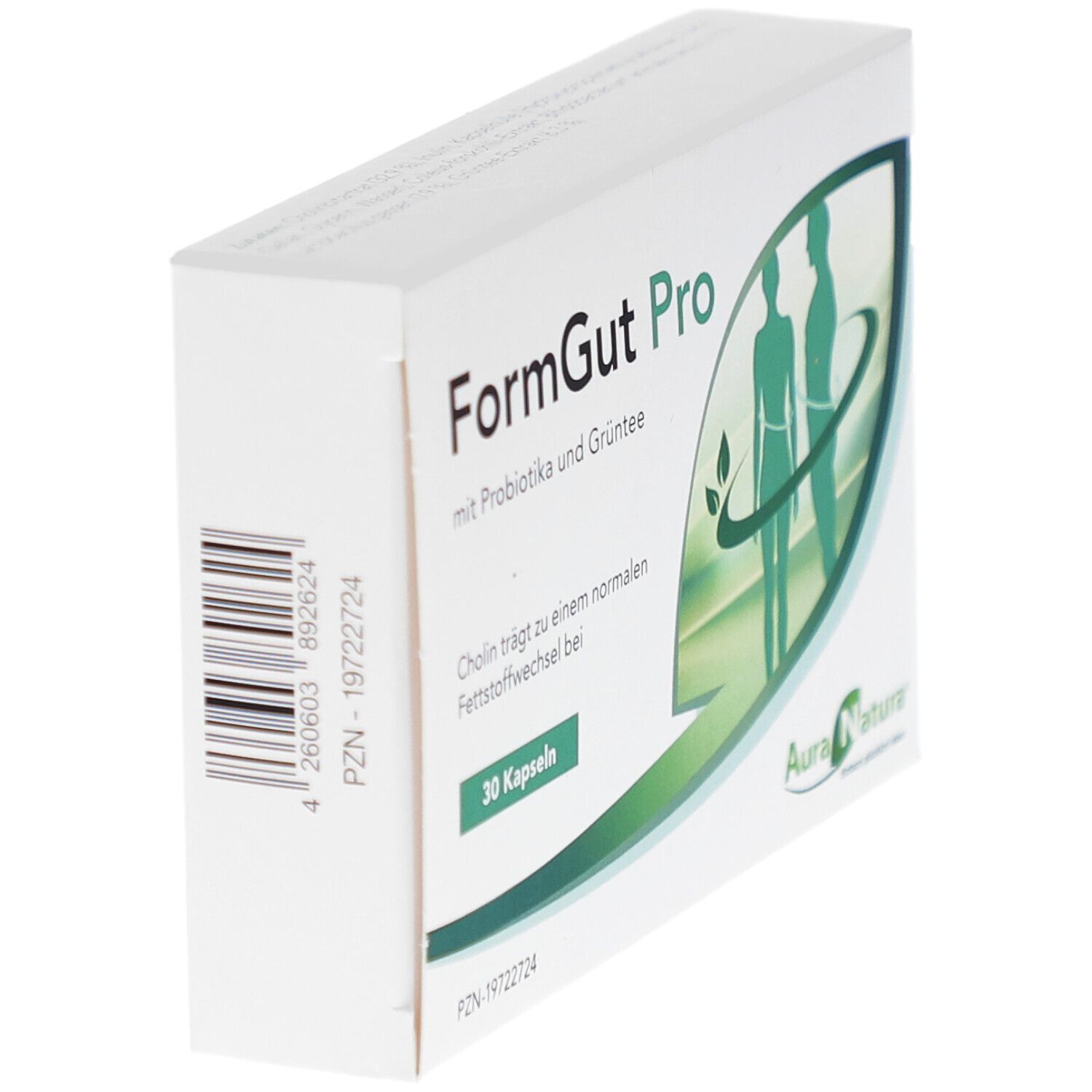 Weiße Schachtel FormGut Pro. 30 Kapseln. Logo Aura Natura. Barcode und Text auf der Seite.