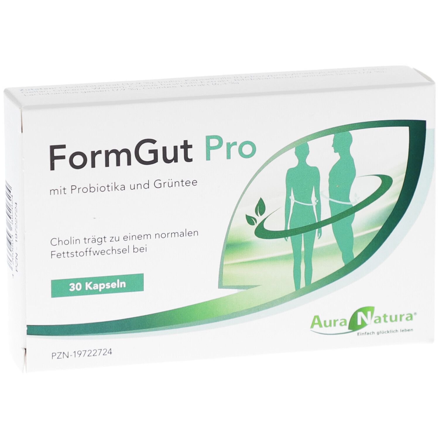 Weiße Schachtel mit Produktnamen FormGut Pro. Enthält 30 Kapseln. Logo Aura Natura. Abbildung von zwei Personen.