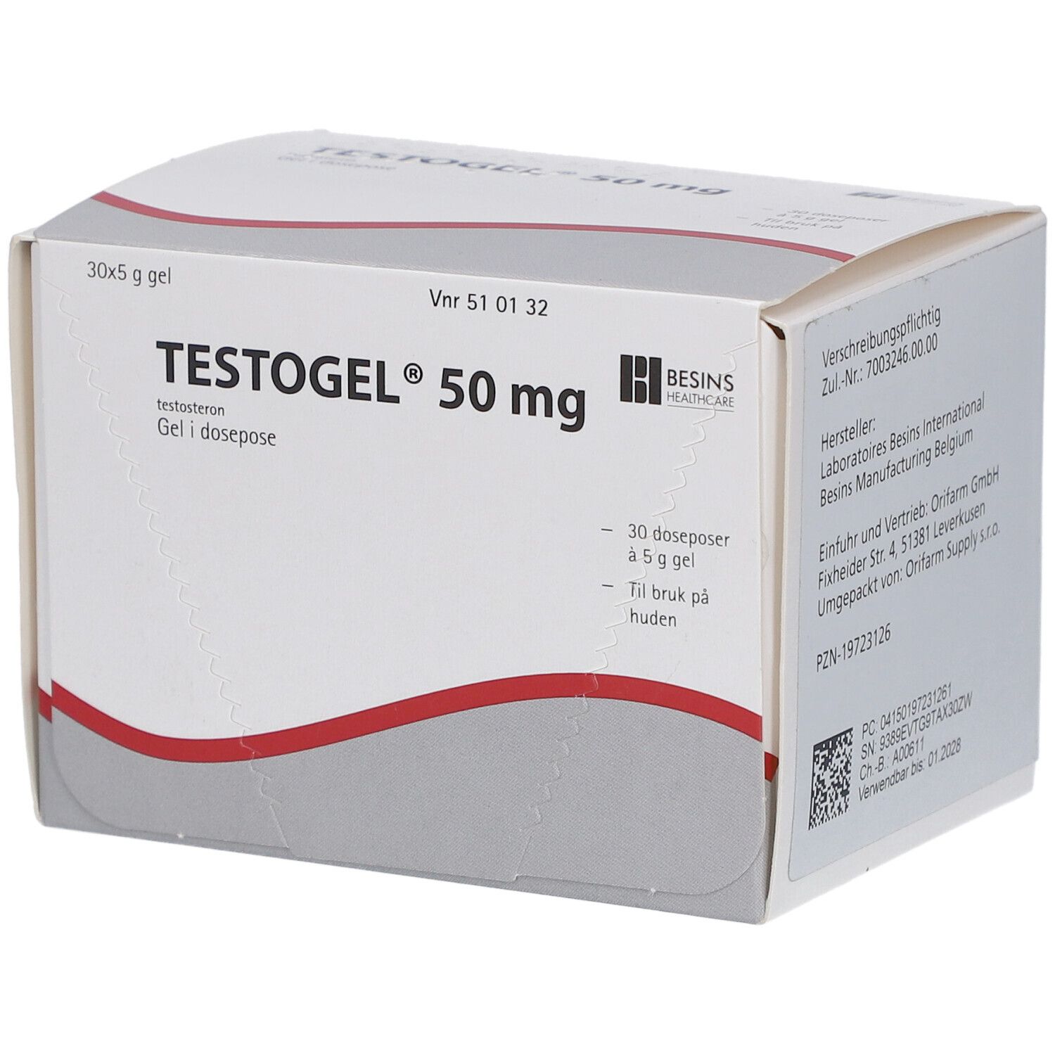 Weißer Karton mit roter Linie. Aufschrift: TESTOGEL 50 mg. 30 Beutel Gel. Besins Healthcare Logo.