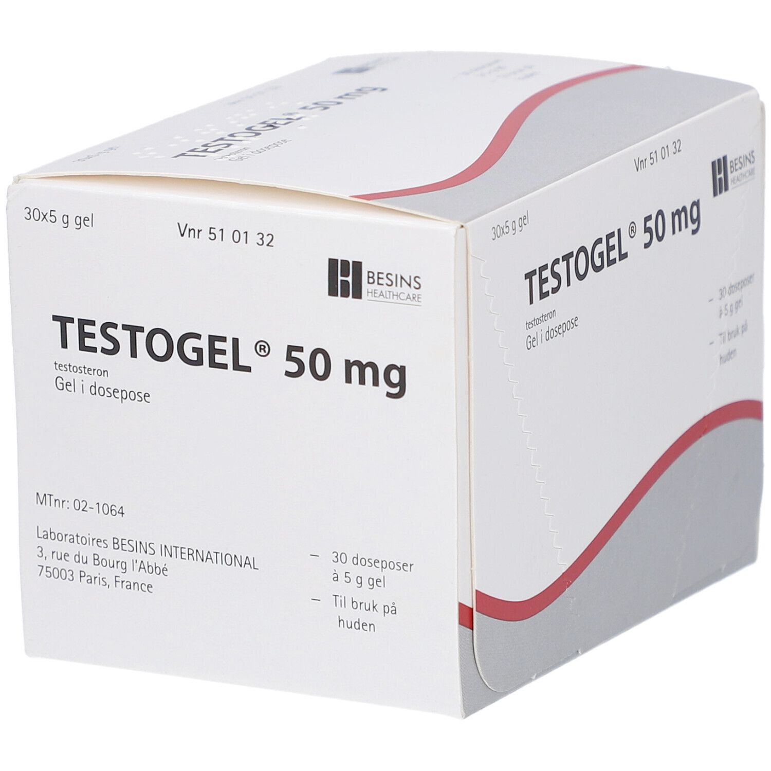 Weißer Karton mit roter Linie. Aufschrift: TESTOGEL 50 mg. 30 Beutel Gel. Besins Healthcare Logo.
