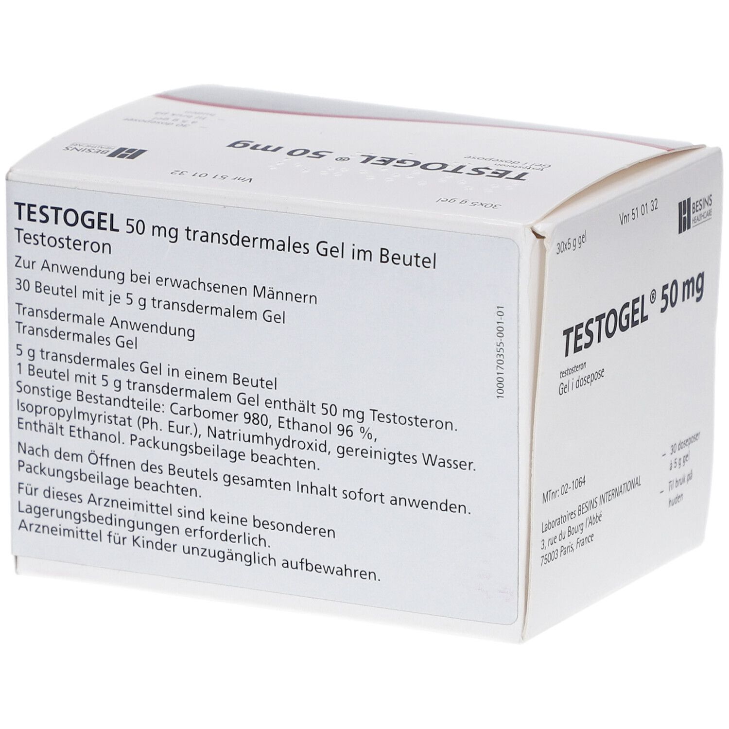 Weißer Karton mit Text. Aufschrift: TESTOGEL 50 mg transdermales Gel im Beutel. Text in Deutsch.