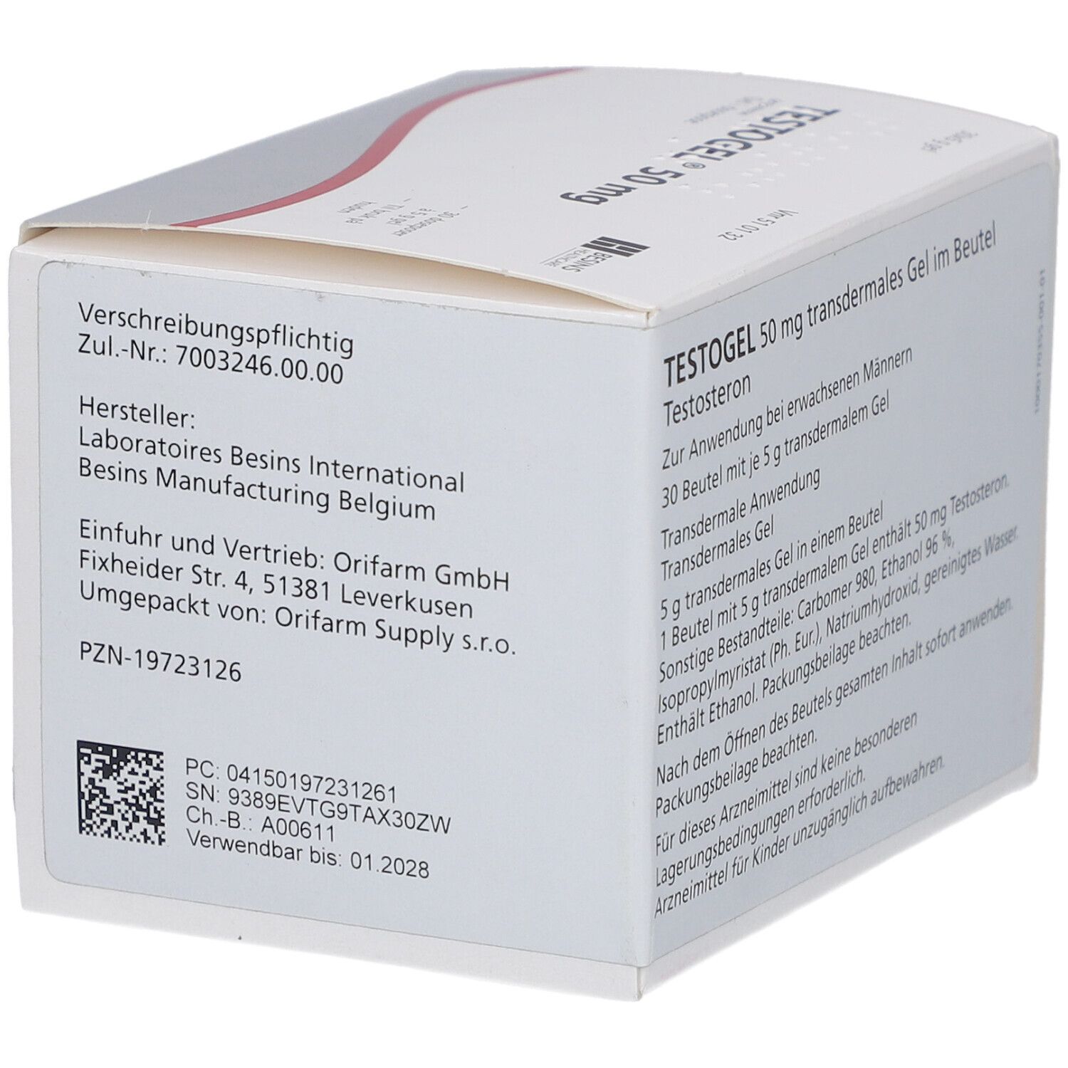 Weißer Karton mit Text. Aufschrift: TESTOGEL 50 mg transdermales Gel im Beutel. Text in Deutsch.