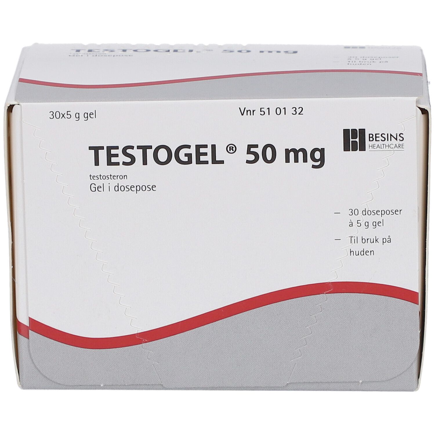 Weißer Karton mit roter Linie. Aufschrift: TESTOGEL 50 mg. 30 Beutel Gel. Besins Healthcare Logo.