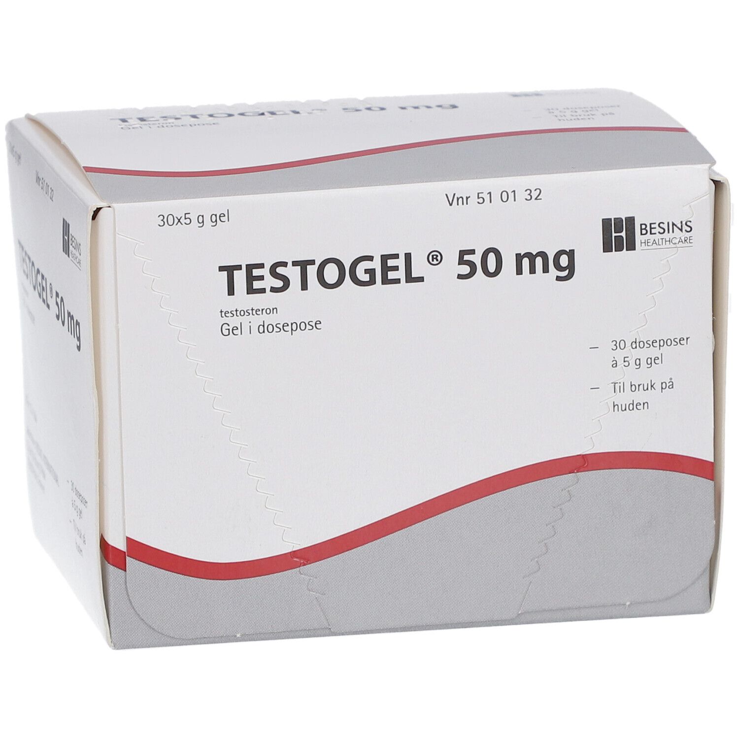 Weißer Karton mit roter Linie. Aufschrift: TESTOGEL 50 mg. 30 Beutel Gel. Besins Healthcare Logo.
