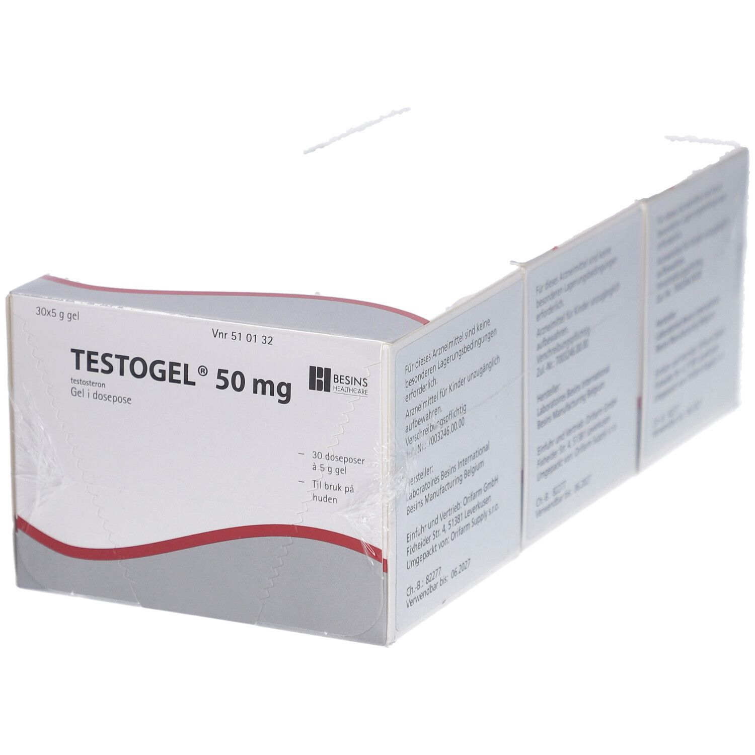 Packung TESTOGEL 50 mg. Weißer Karton mit roter Linie. Beschriftung und Logo.