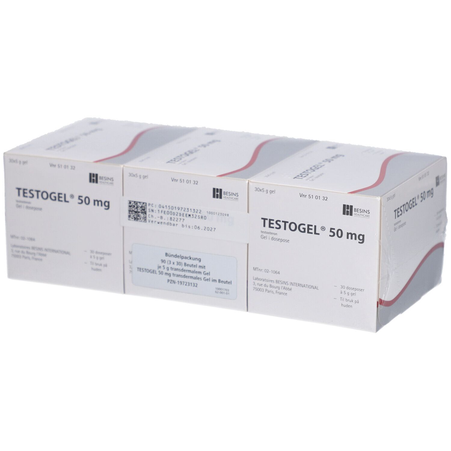 Mehrere Packungen TESTOGEL 50 mg. Weiße Kartons mit roter Linie. Beschriftung und Logo.