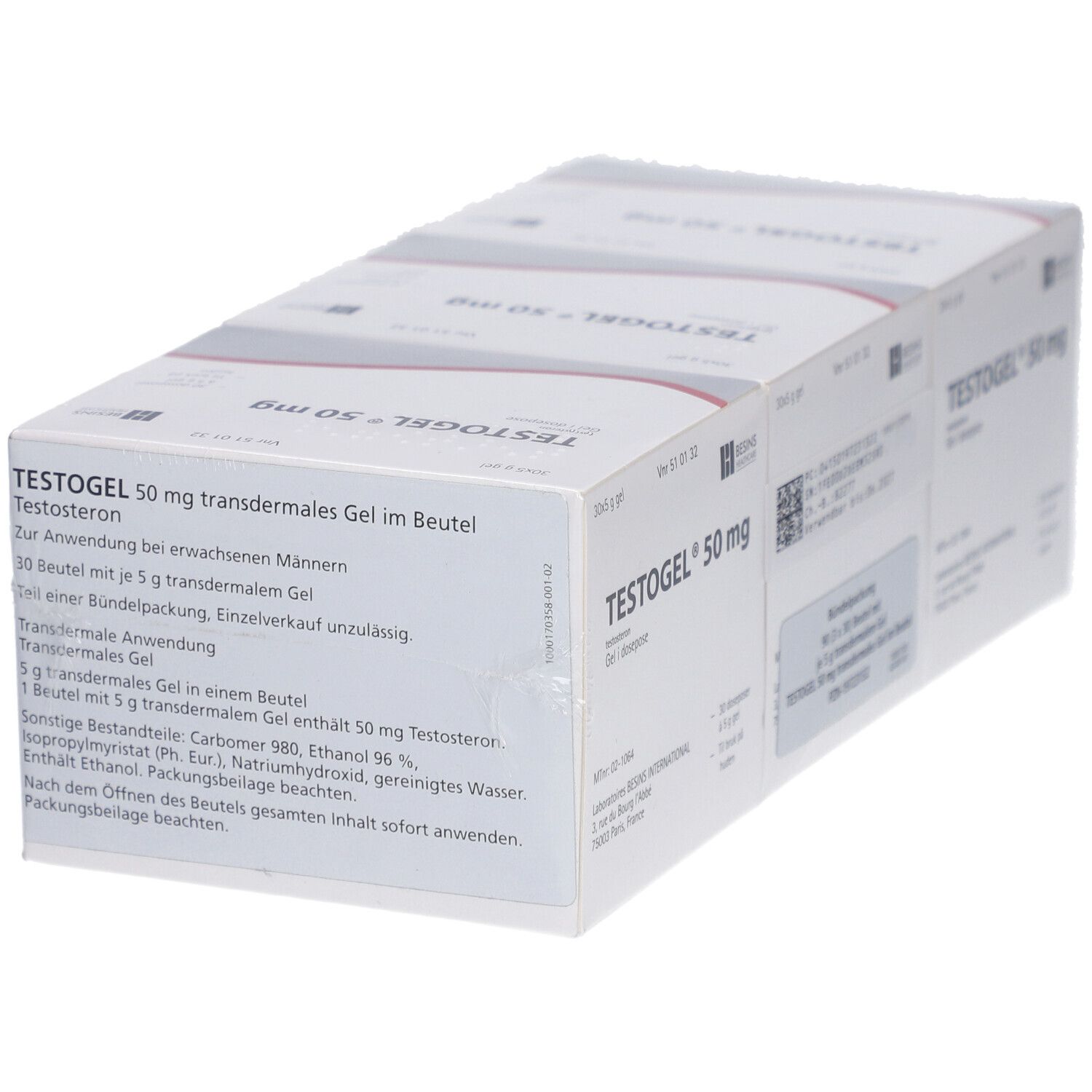 Mehrere Packungen TESTOGEL 50 mg. Weiße Kartons mit roter Linie. Beschriftung und Logo.