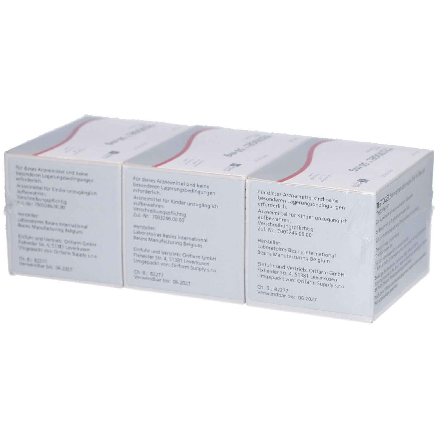 Rückseite von drei Packungen TESTOGEL 50 mg. Weiße Kartons mit Beschriftung.
