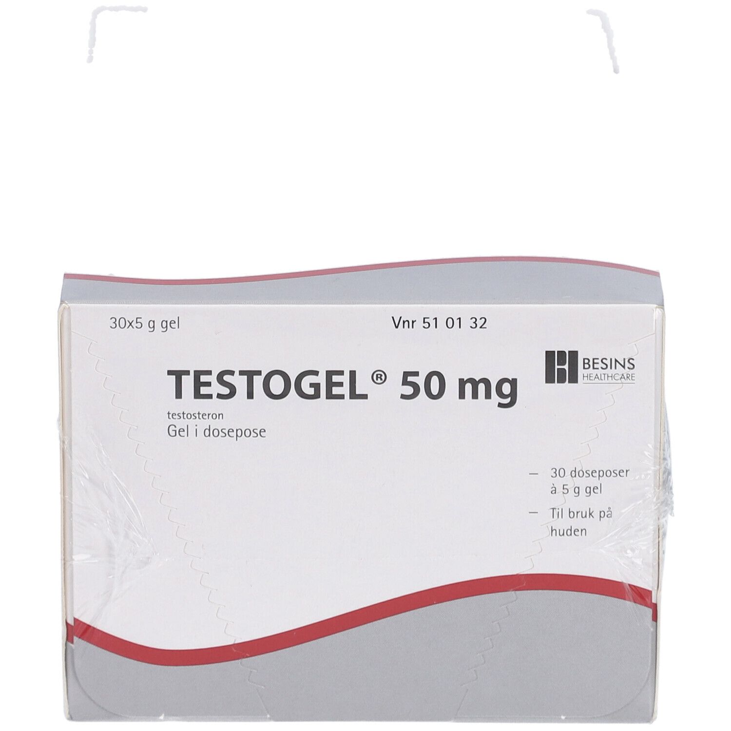 Packung TESTOGEL 50 mg. Weißer Karton mit roter Linie. Beschriftung und Logo.