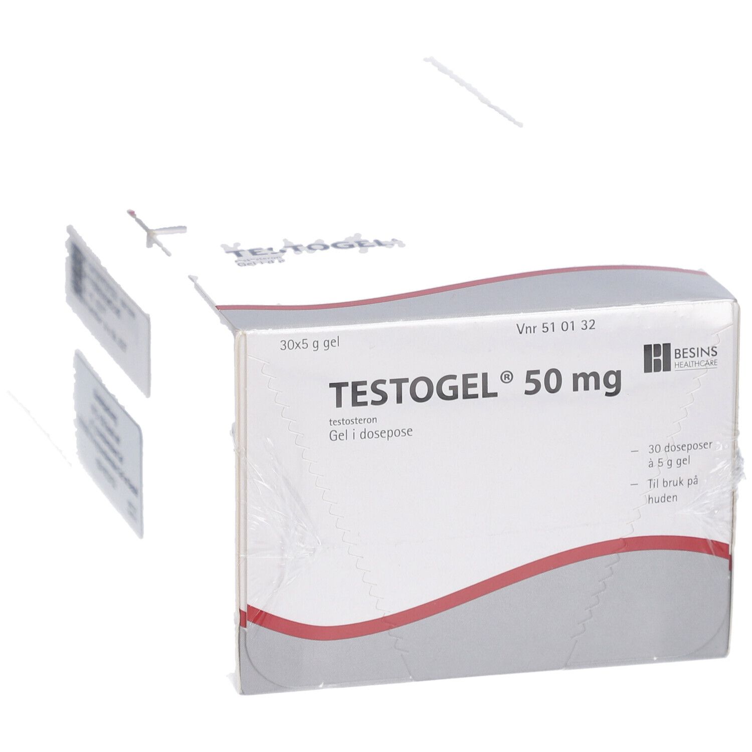 Packung TESTOGEL 50 mg. Weißer Karton mit roter Linie. Beschriftung und Logo.