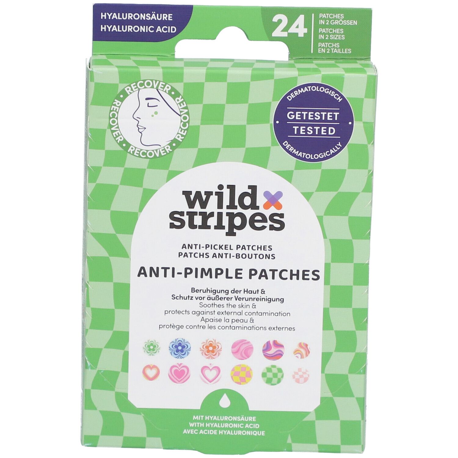 Verpackung mit Anti-Pickel Patches. Grün-weißes Schachbrettmuster. "wild stripes" Logo. 24 Patches, dermatologisch getestet.