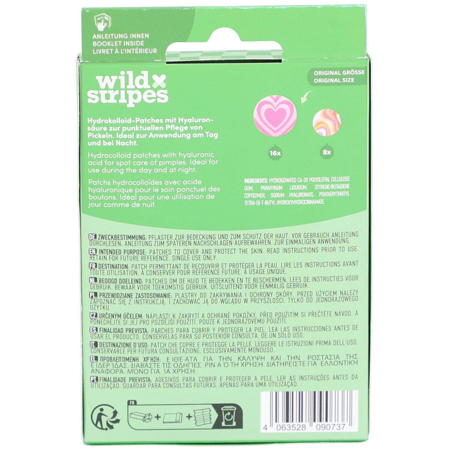 Rückseite der Verpackung mit "wild stripes" Logo. Enthält 16 rosa und 8 mehrfarbige Hydrokolloid-Patches.
