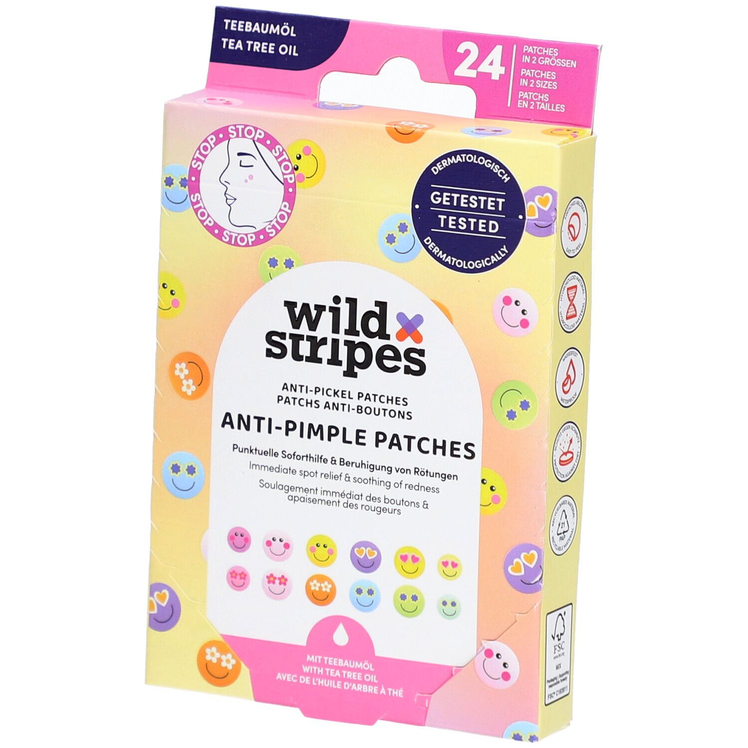 Verpackung von Anti-Pickel Patches. Enthält 24 Patches in 2 Größen. Aufdruck: wild stripes, Anti-Pimple Patches, dermatologisch getestet.