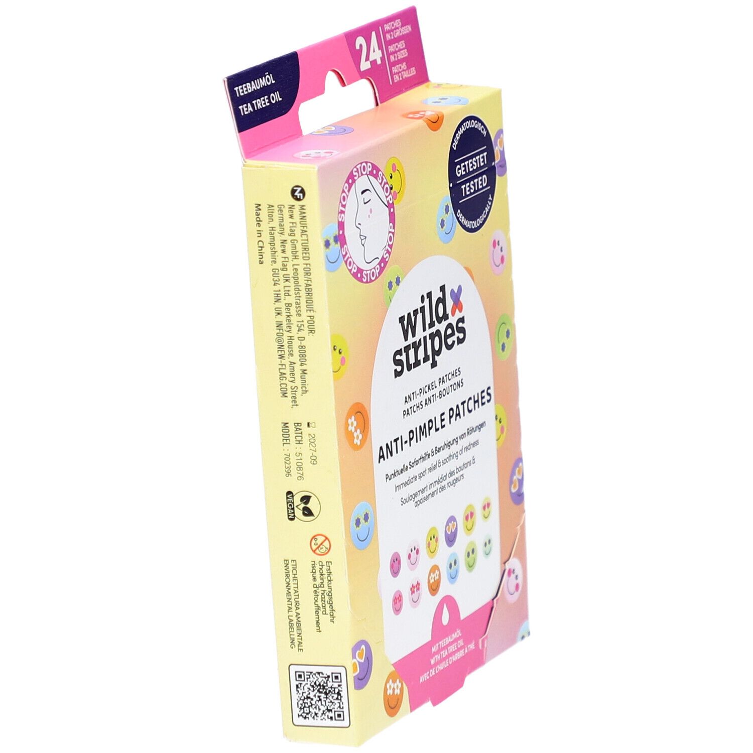 Schräg stehende Verpackung von Anti-Pickel Patches. Aufdruck: wild stripes, Anti-Pimple Patches, dermatologisch getestet. Mit Teebaumöl.