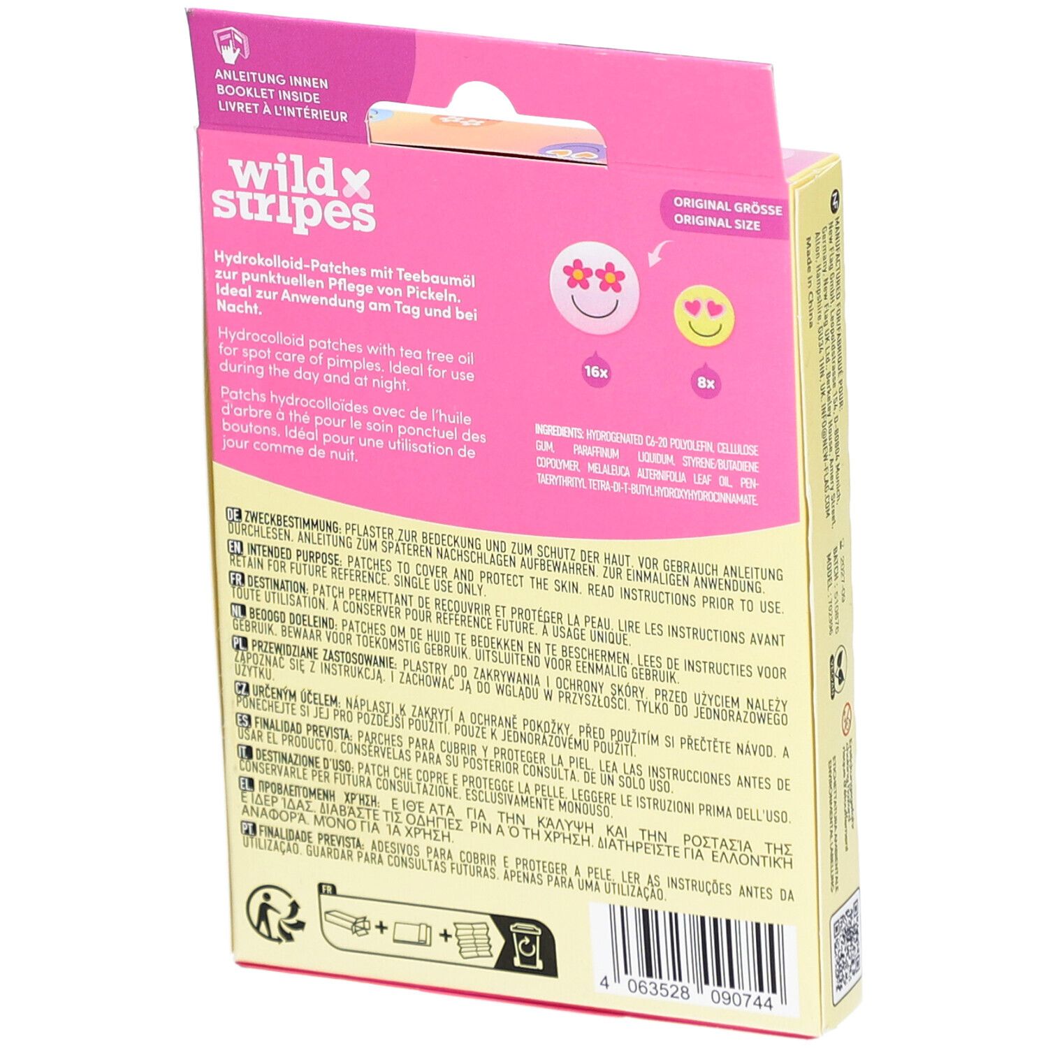 Rückseite der Verpackung von Anti-Pickel Patches. Enthält Informationen zu Inhaltsstoffen und Anwendung. Mit 16 und 8 Patches.