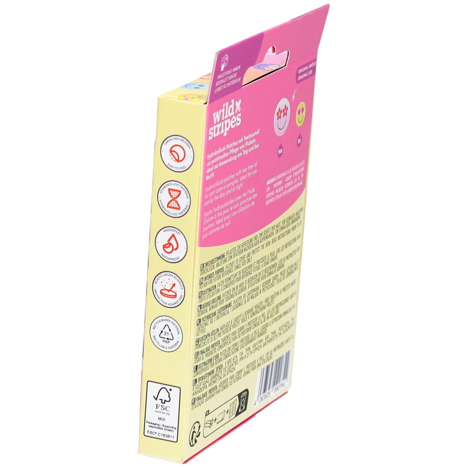 Seitenansicht der Verpackung von Anti-Pickel Patches. Enthält Informationen zu Inhaltsstoffen und Anwendung. FSC-Zertifizierung.