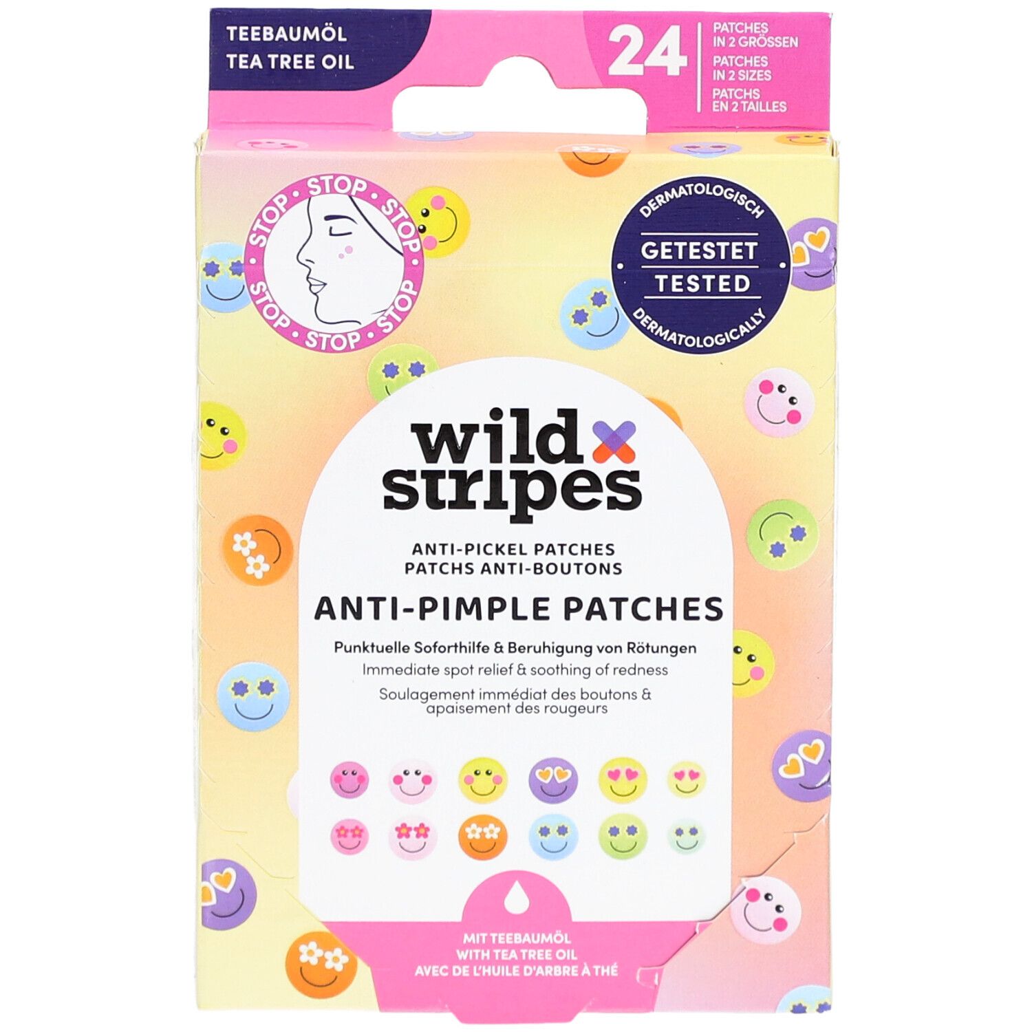 Vorderansicht der Verpackung von Anti-Pickel Patches. Enthält 24 Patches in 2 Größen. Aufdruck: wild stripes, Anti-Pimple Patches.