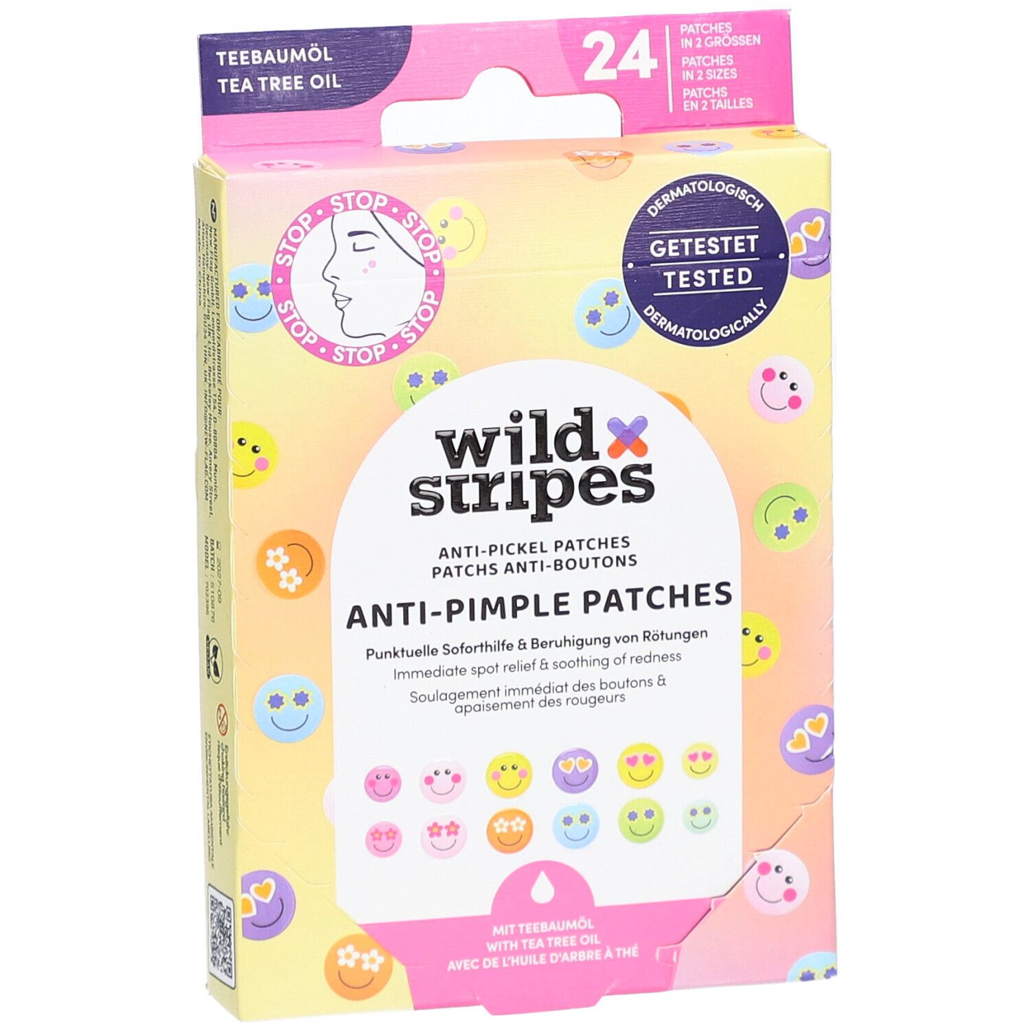 Vorderansicht der Verpackung von Anti-Pickel Patches. Enthält 24 Patches in 2 Größen. Aufdruck: wild stripes, Anti-Pimple Patches.