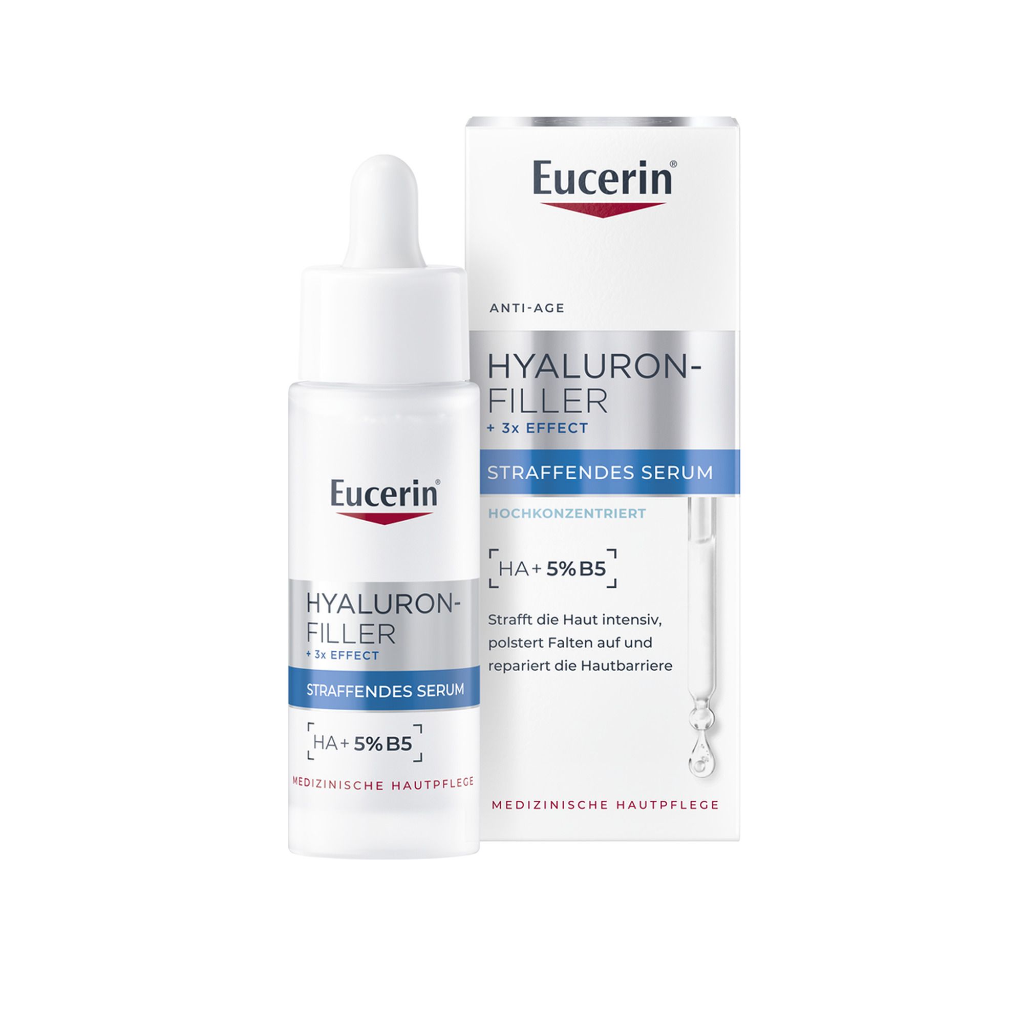 Eucerin Hyaluron-Filler Serum und Verpackung. Weißes Fläschchen mit Pipette und Karton. Text: Hyaluron-Filler + 3x Effect.