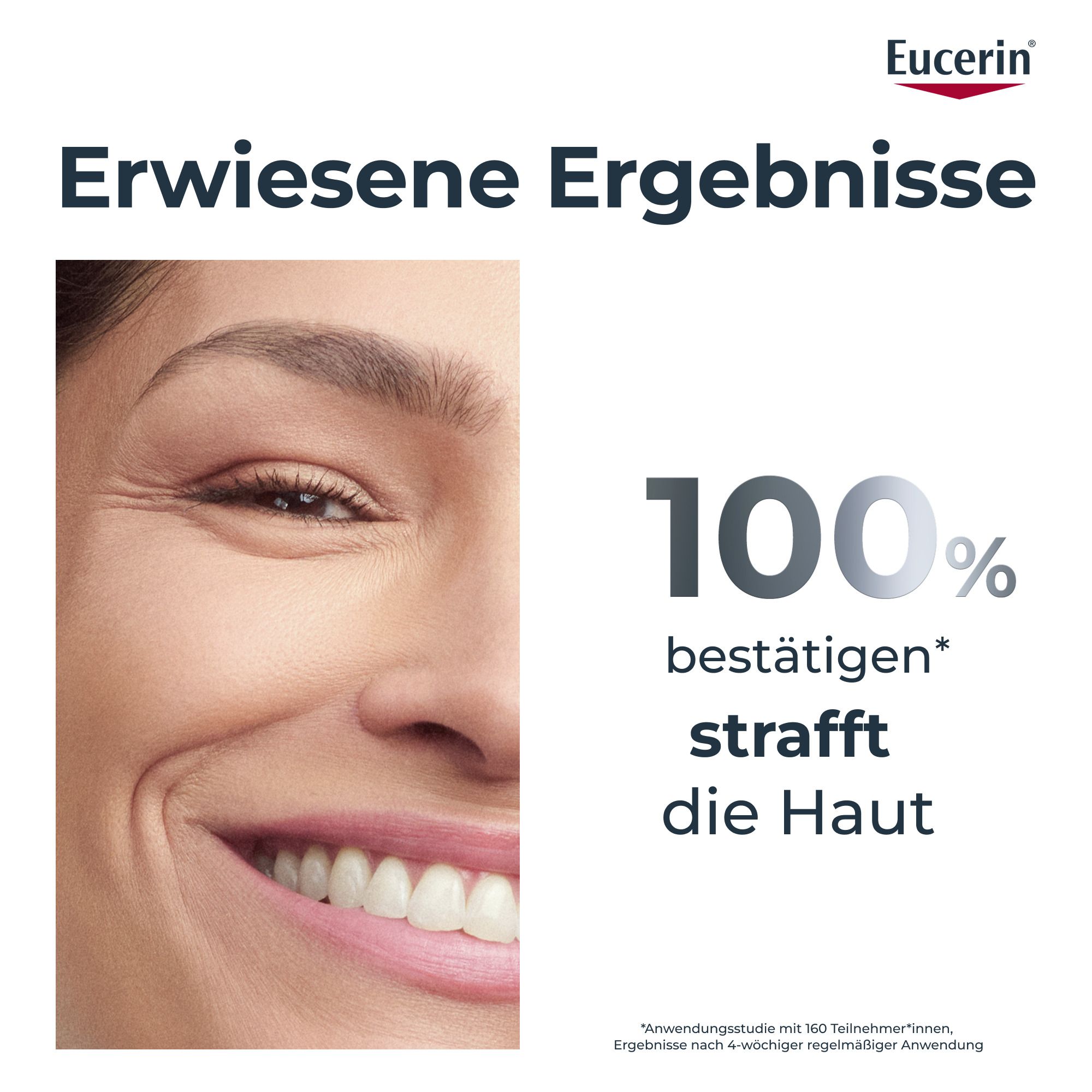 Frau mit Gesicht. Text: 100% bestätigen strafft die Haut. Eucerin Logo.