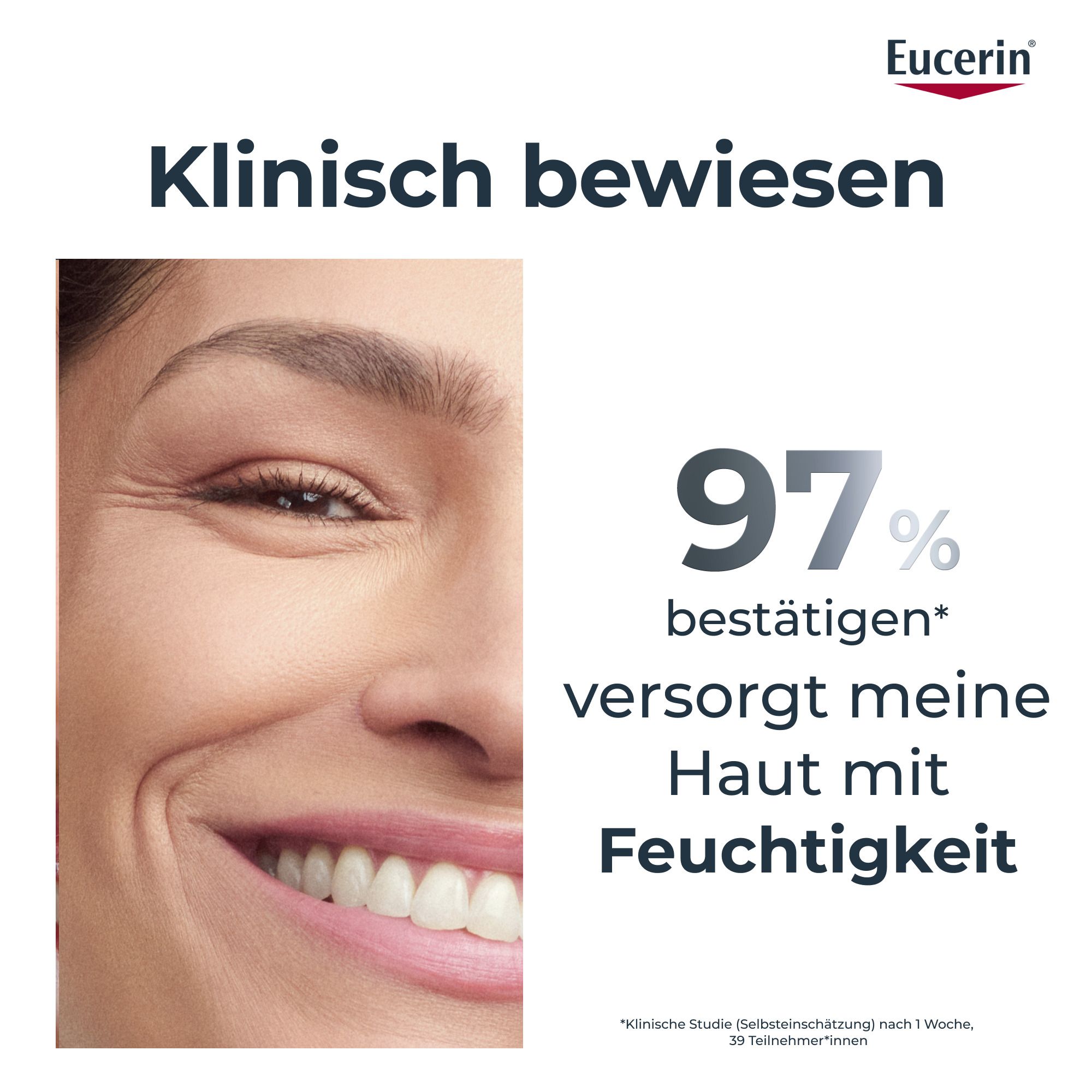 Frau mit Haut. Text: Klinisch bewiesen. 97% bestätigen: versorgt meine Haut mit Feuchtigkeit. Eucerin Logo.