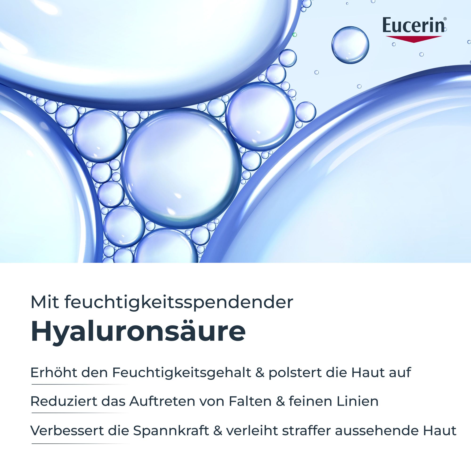 Wasserblasen. Text: Mit feuchtigkeitsspendender Hyaluronsäure. Eucerin Logo.