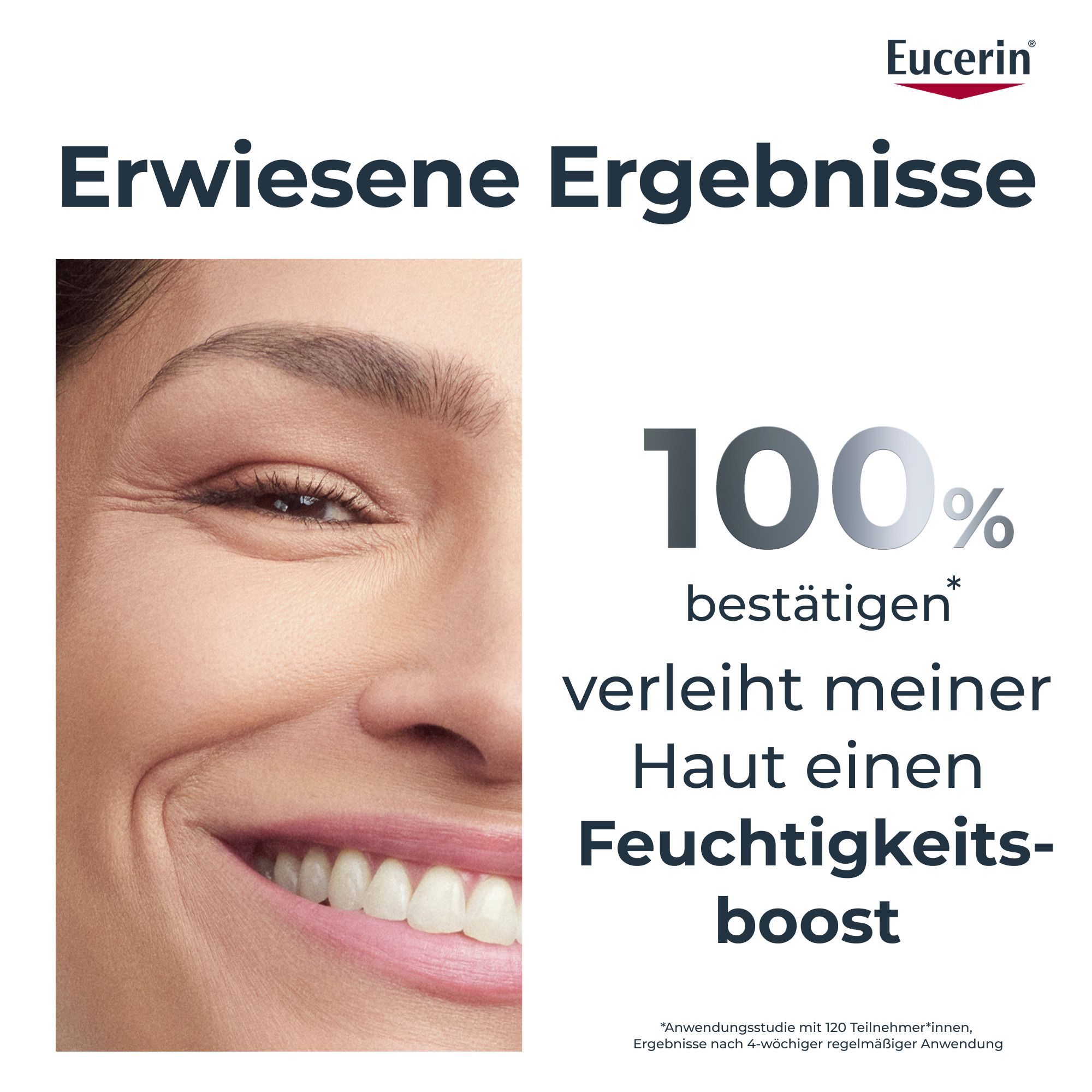 Frau mit Haut. Text: 100% bestätigen* verleiht meiner Haut einen Feuchtigkeits-boost. Eucerin Logo.