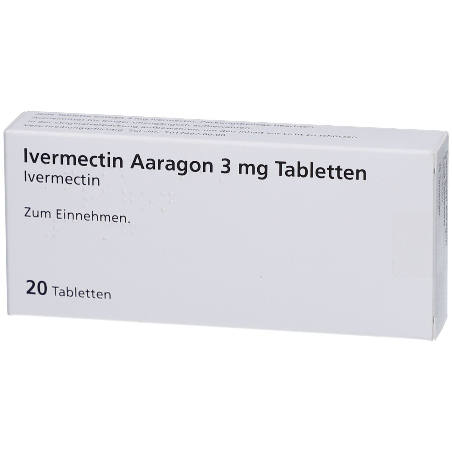 Schachtel mit Ivermectin Aaragon 3 mg Tabletten. Aufschrift: 20 Tabletten. Zum Einnehmen.