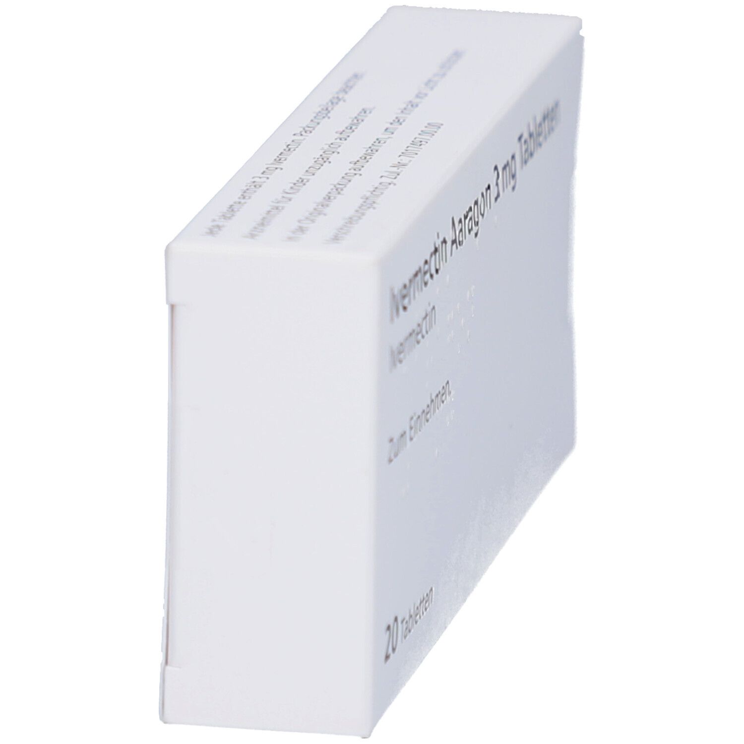 Schachtel Ivermectin Aaragon 3 mg Tabletten, schräg. Aufschrift: 20 Tabletten. Zum Einnehmen.