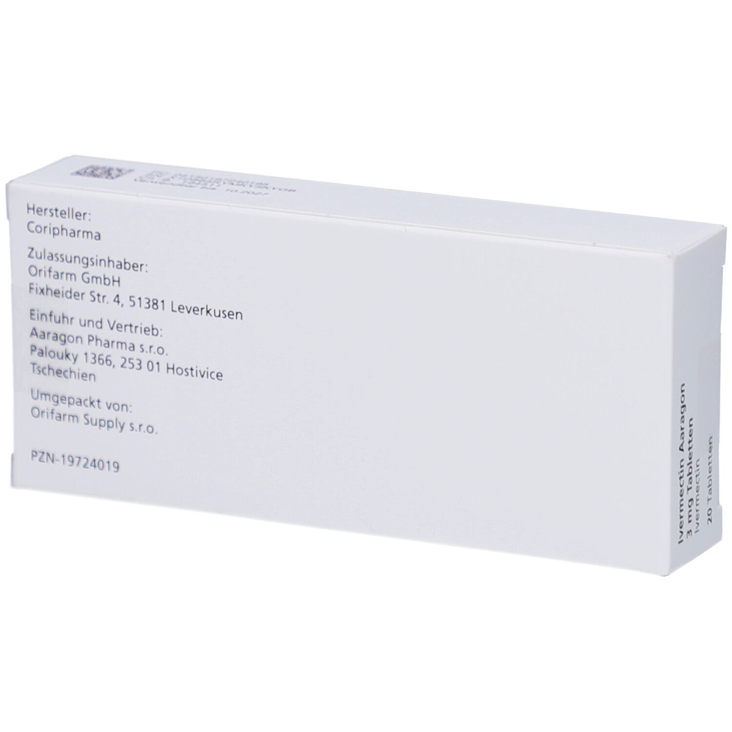 Rückseite der Schachtel mit Ivermectin Aaragon 3 mg Tabletten. Hersteller- und Vertriebsinformationen.