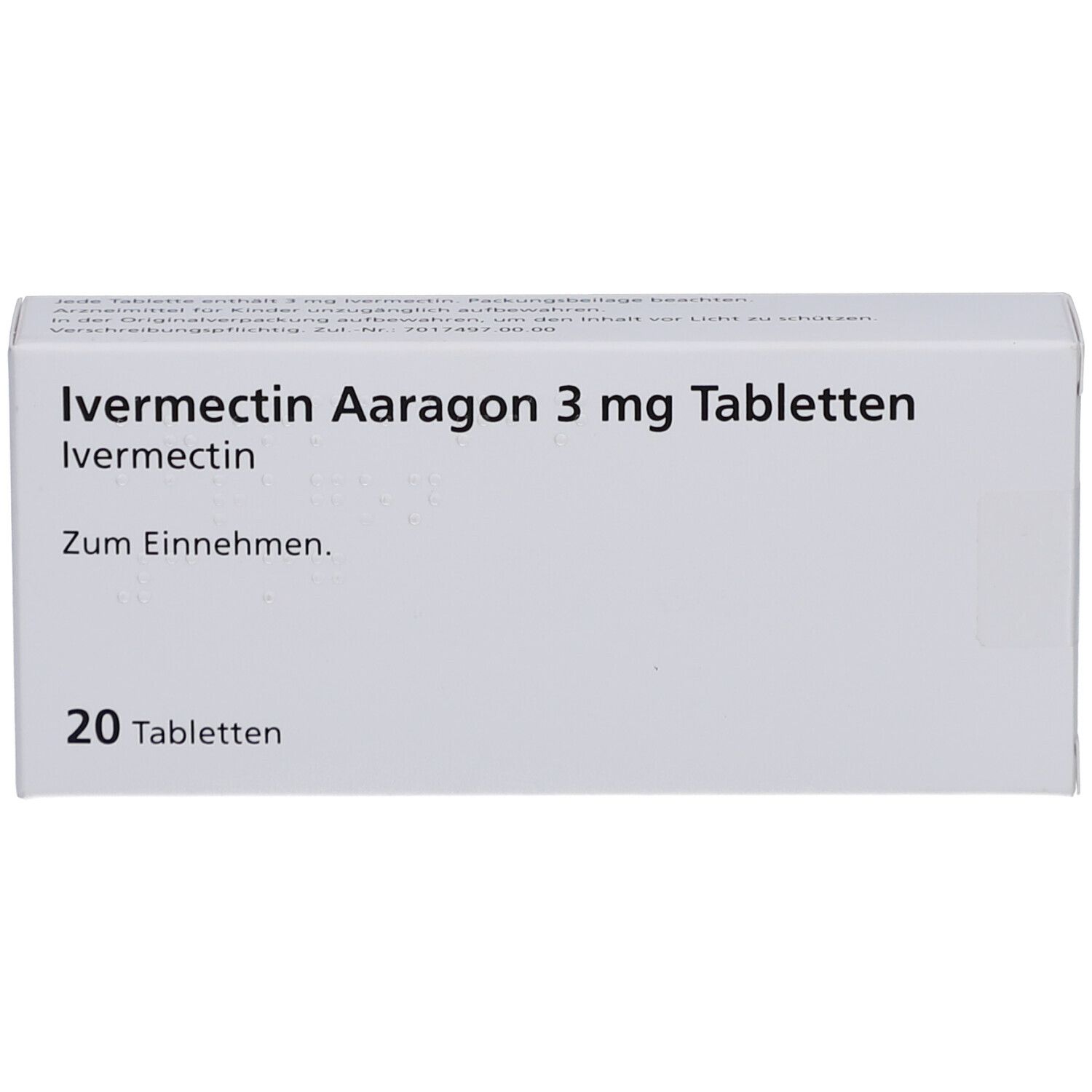Schachtel mit Ivermectin Aaragon 3 mg Tabletten. Aufschrift: 20 Tabletten. Zum Einnehmen.