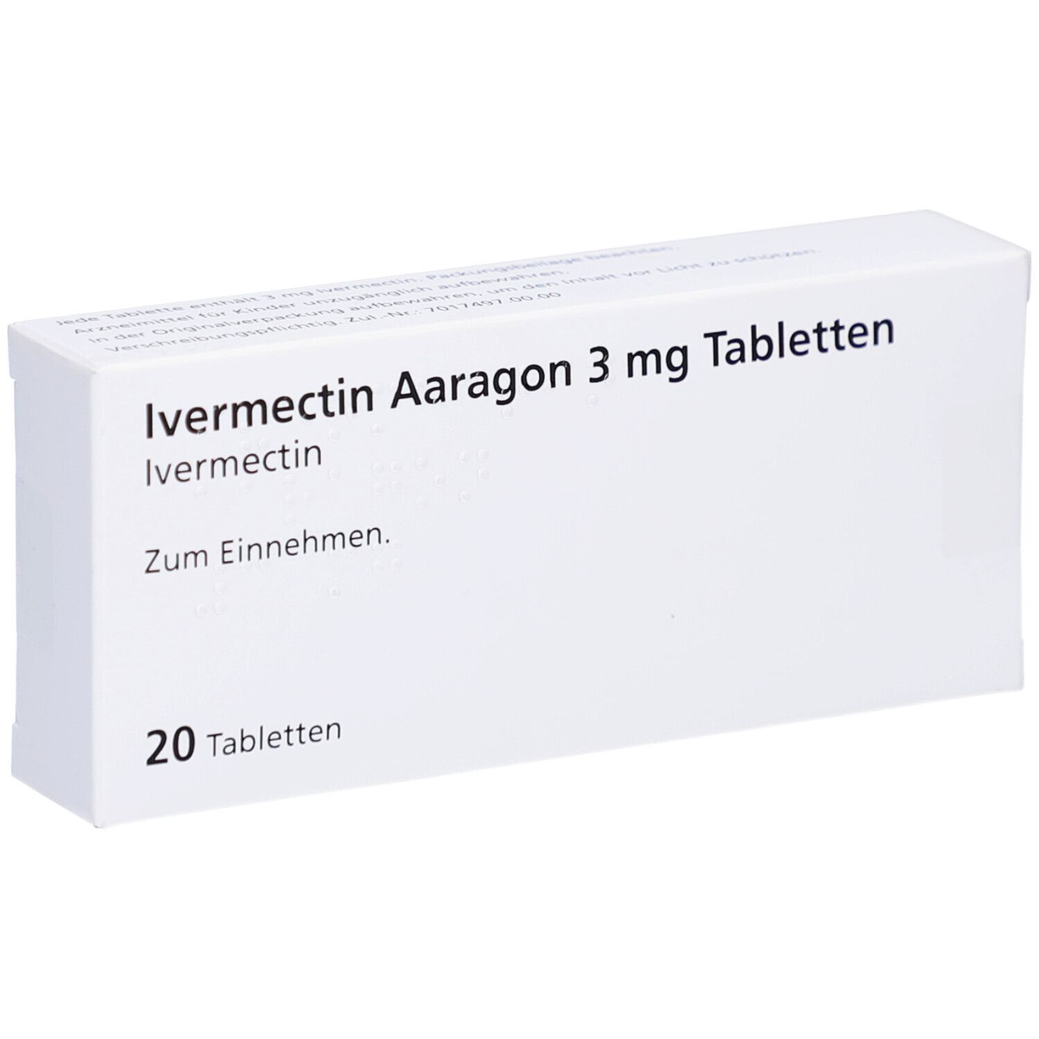 Schachtel mit Ivermectin Aaragon 3 mg Tabletten. Aufschrift: 20 Tabletten. Zum Einnehmen.