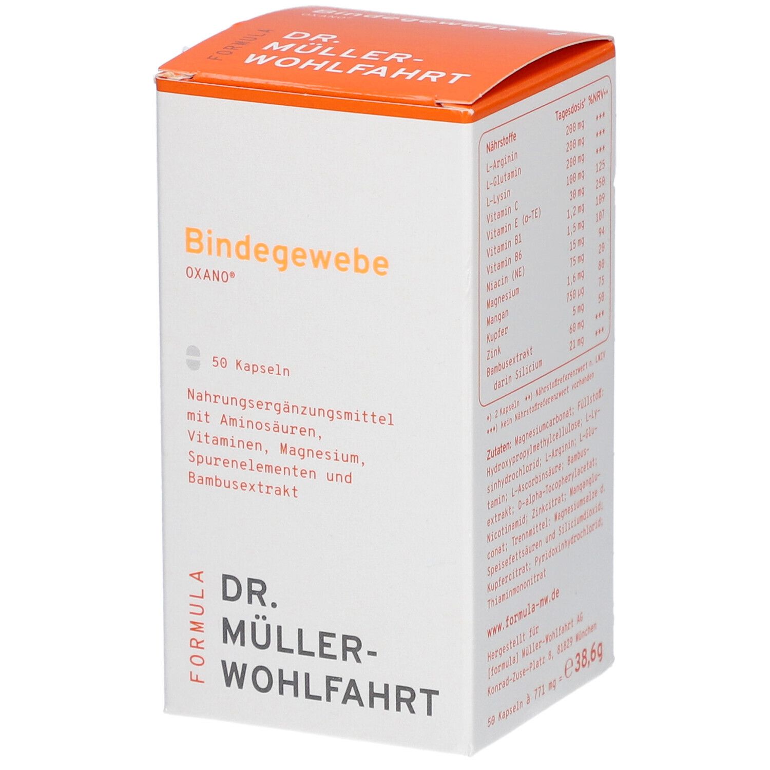 OXANO-Bindegewebe Kapseln von Dr. Müller-Wohlfahrt. Weiße Schachtel mit orangefarbenem Deckel. Text: Bindegewebe, 50 Kapseln.