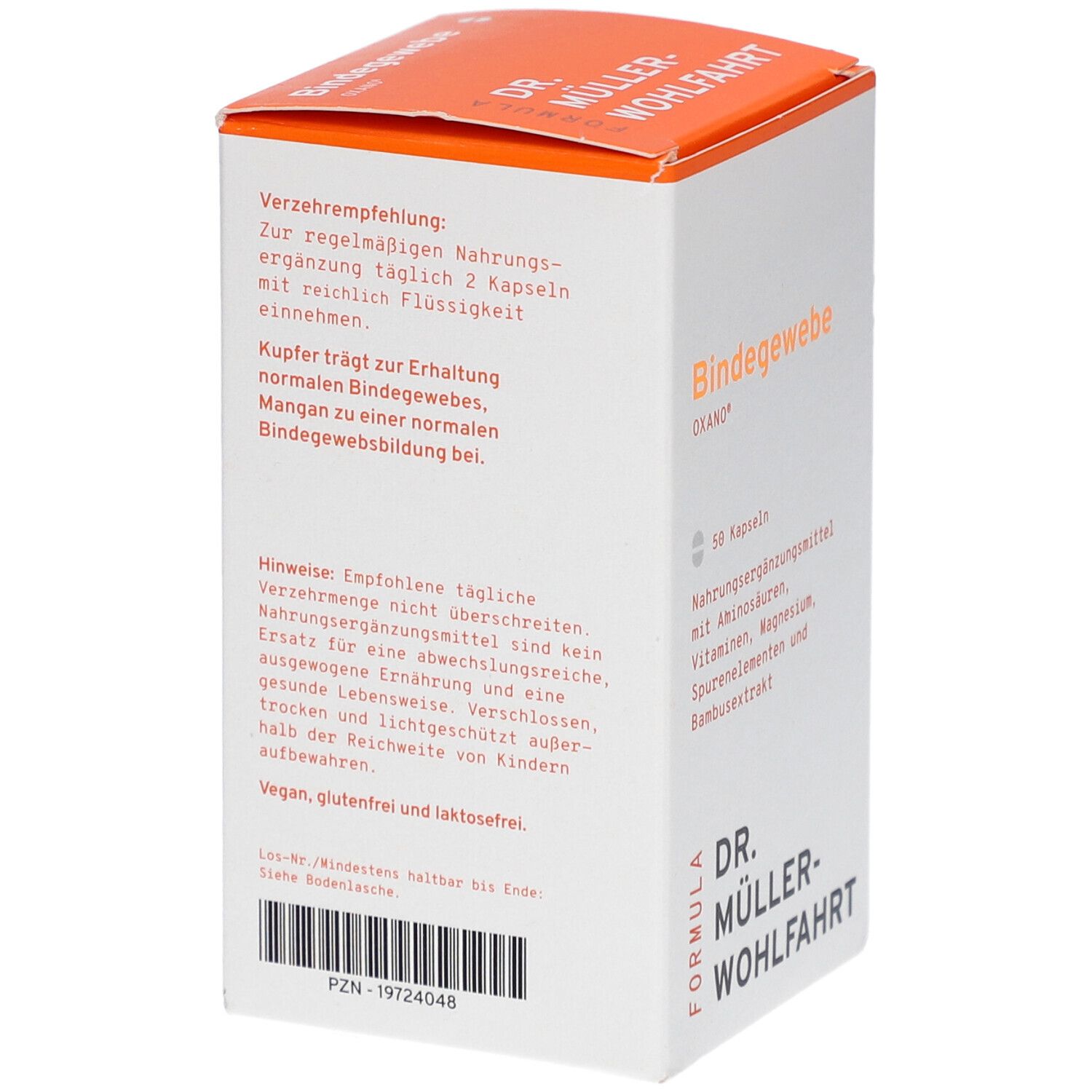 Rückseite der OXANO-Bindegewebe Kapseln-Verpackung. Text: Verzehrempfehlung, Inhaltsstoffe, Hinweise. PZN-19724048.
