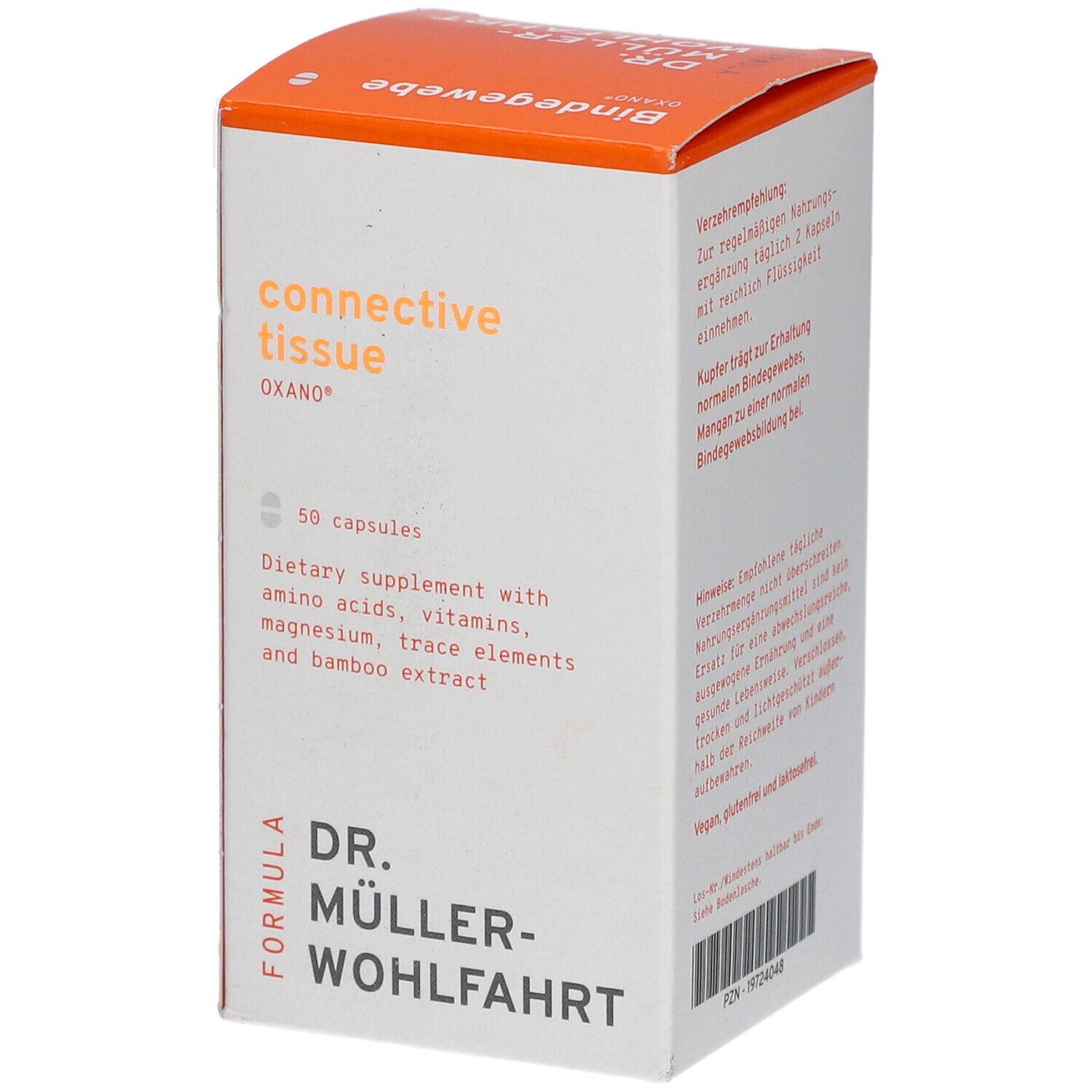 OXANO-Bindegewebe Kapseln-Verpackung. Text: connective tissue, 50 capsules, dietary supplement with amino acids, vitamins, magnesium, trace elements and bamboo extract.