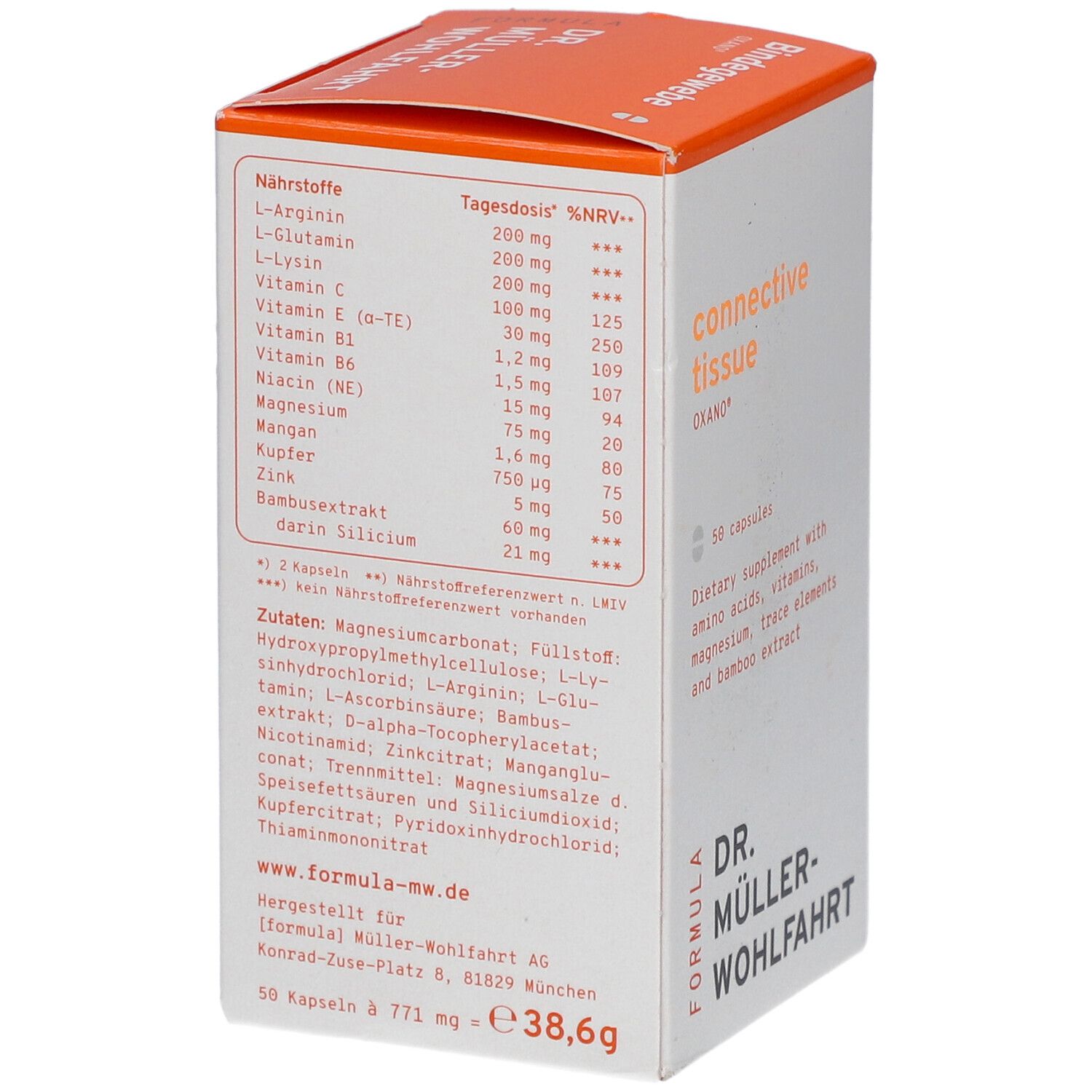 Seite der OXANO-Bindegewebe Kapseln-Verpackung. Text: Nährstoffe, Tagesdosis, Zutaten, Herstellerinformationen.