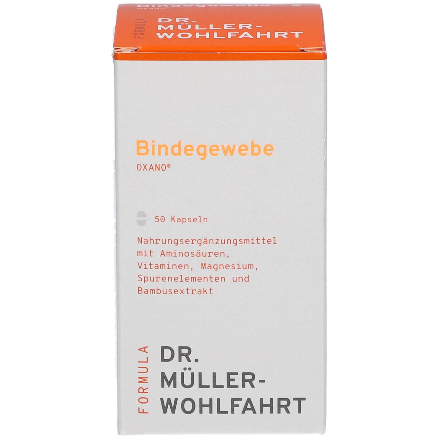 OXANO-Bindegewebe Kapseln-Verpackung. Weiße Schachtel mit orangefarbenem Deckel. Text: Bindegewebe, 50 Kapseln, Nahrungsergänzungsmittel.
