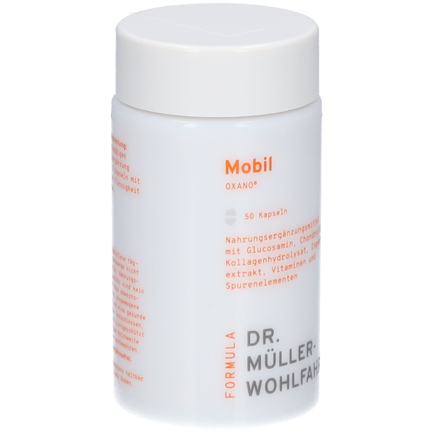Weiße Dose mit Deckel. Aufschrift: Mobil OXANO, 50 Kapseln, DR. MÜLLER-WOHLFAHRT. Orangefarbene Schrift.