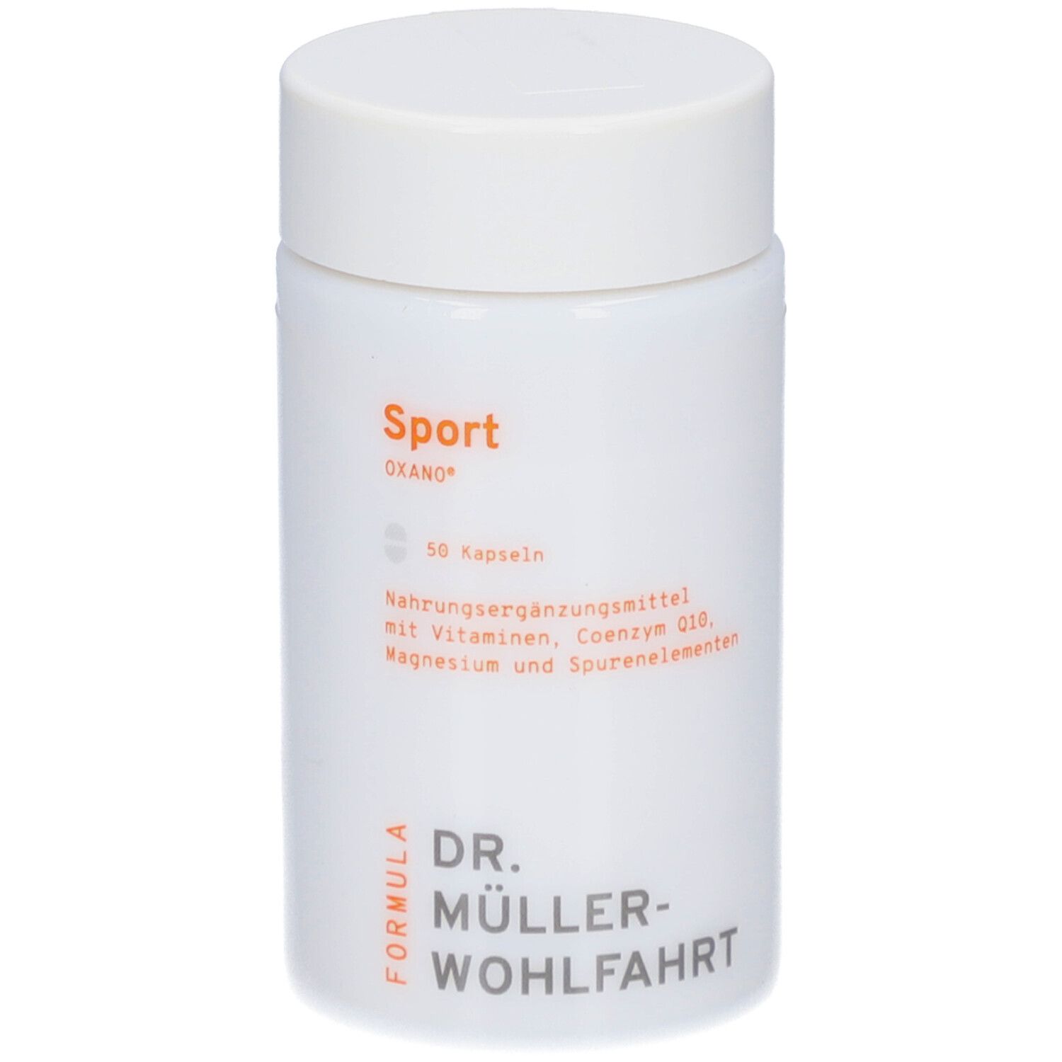 Weiße Dose mit orangefarbener Schrift. Aufschrift: Sport, 50 Kapseln, DR. MÜLLER-WOHLFAHRT. Nahrungsergänzungsmittel.