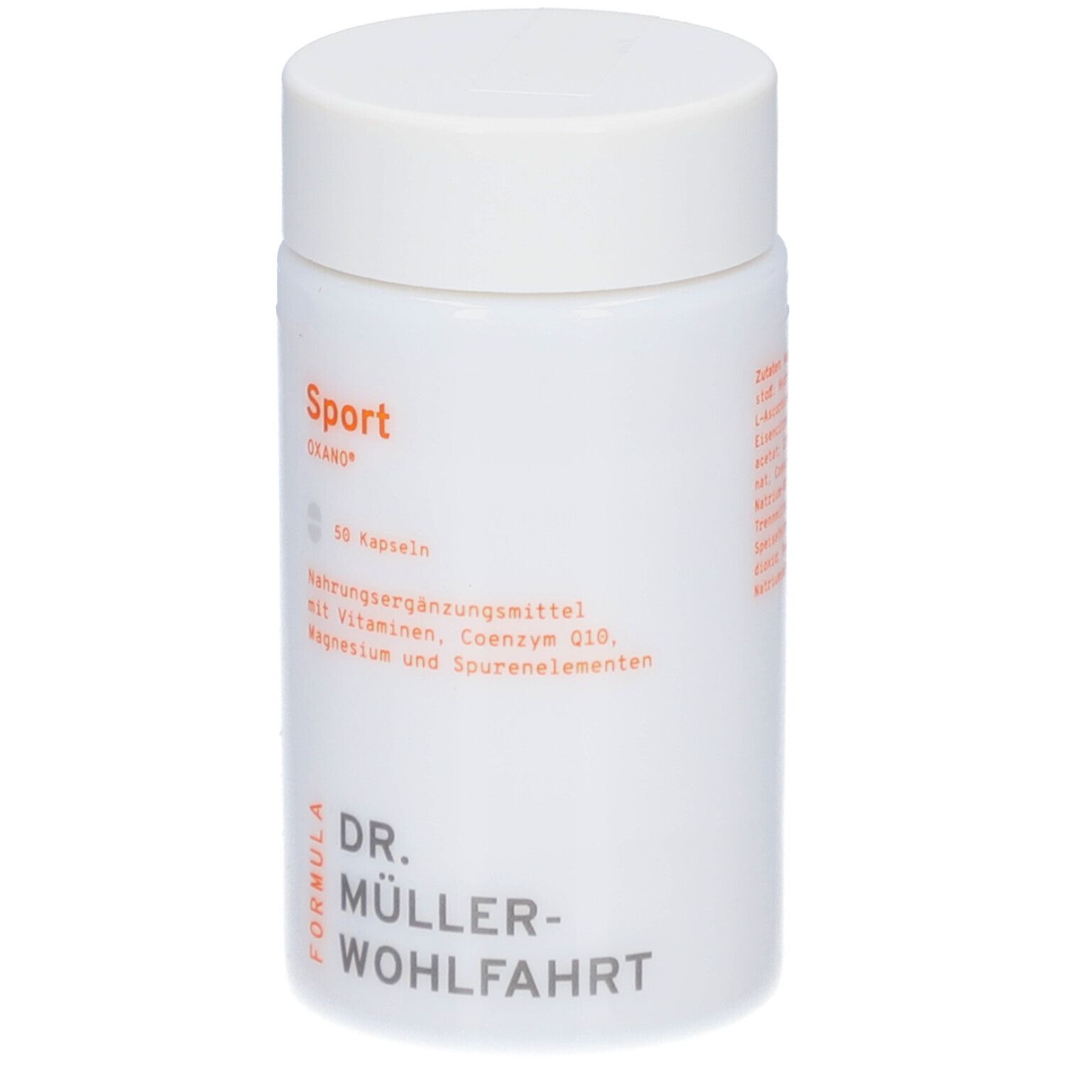 Weiße Dose mit orangefarbener Schrift. Aufschrift: Sport, 50 Kapseln, DR. MÜLLER-WOHLFAHRT. Nahrungsergänzungsmittel.