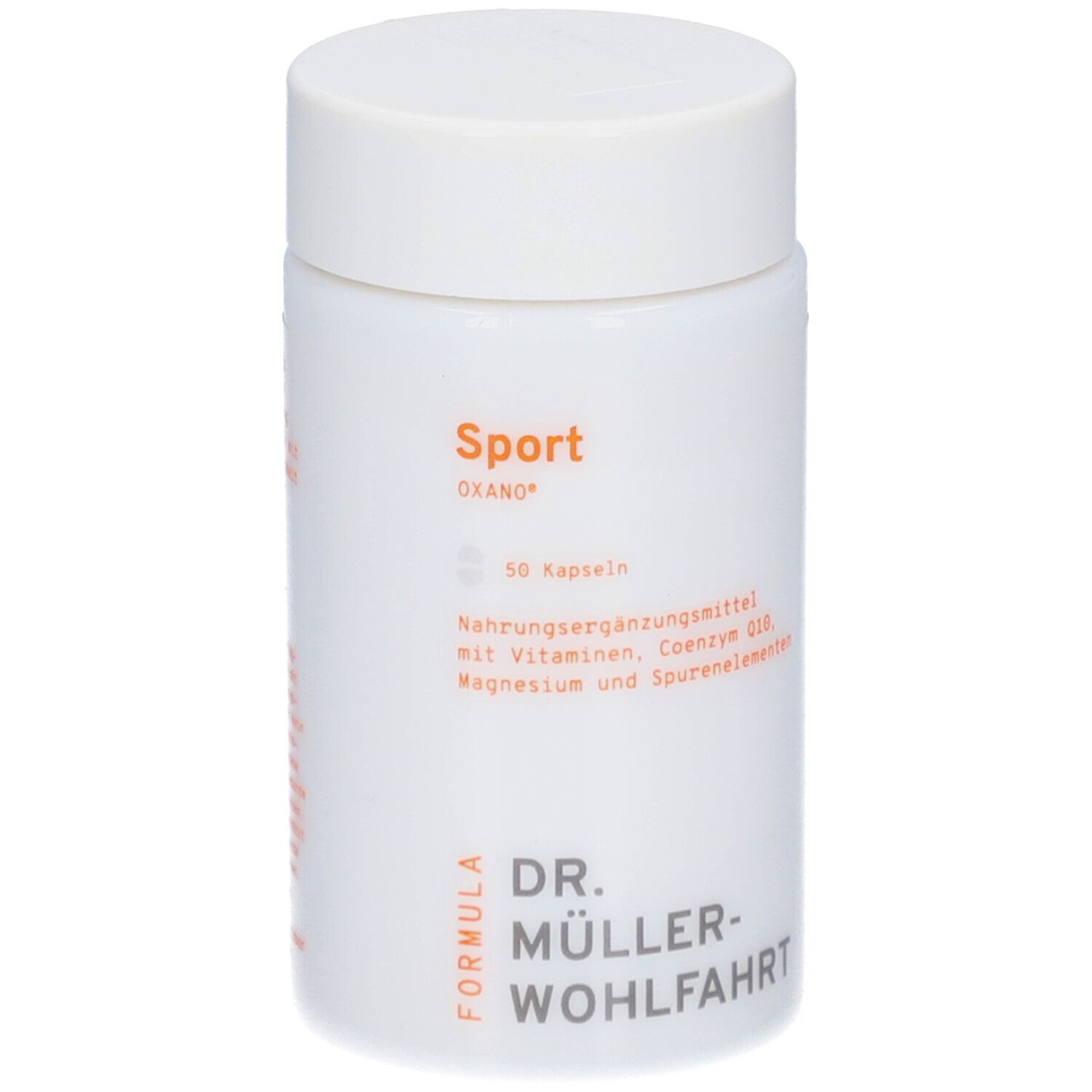 Weiße Dose mit orangefarbener Schrift. Aufschrift: Sport, 50 Kapseln, DR. MÜLLER-WOHLFAHRT. Nahrungsergänzungsmittel.