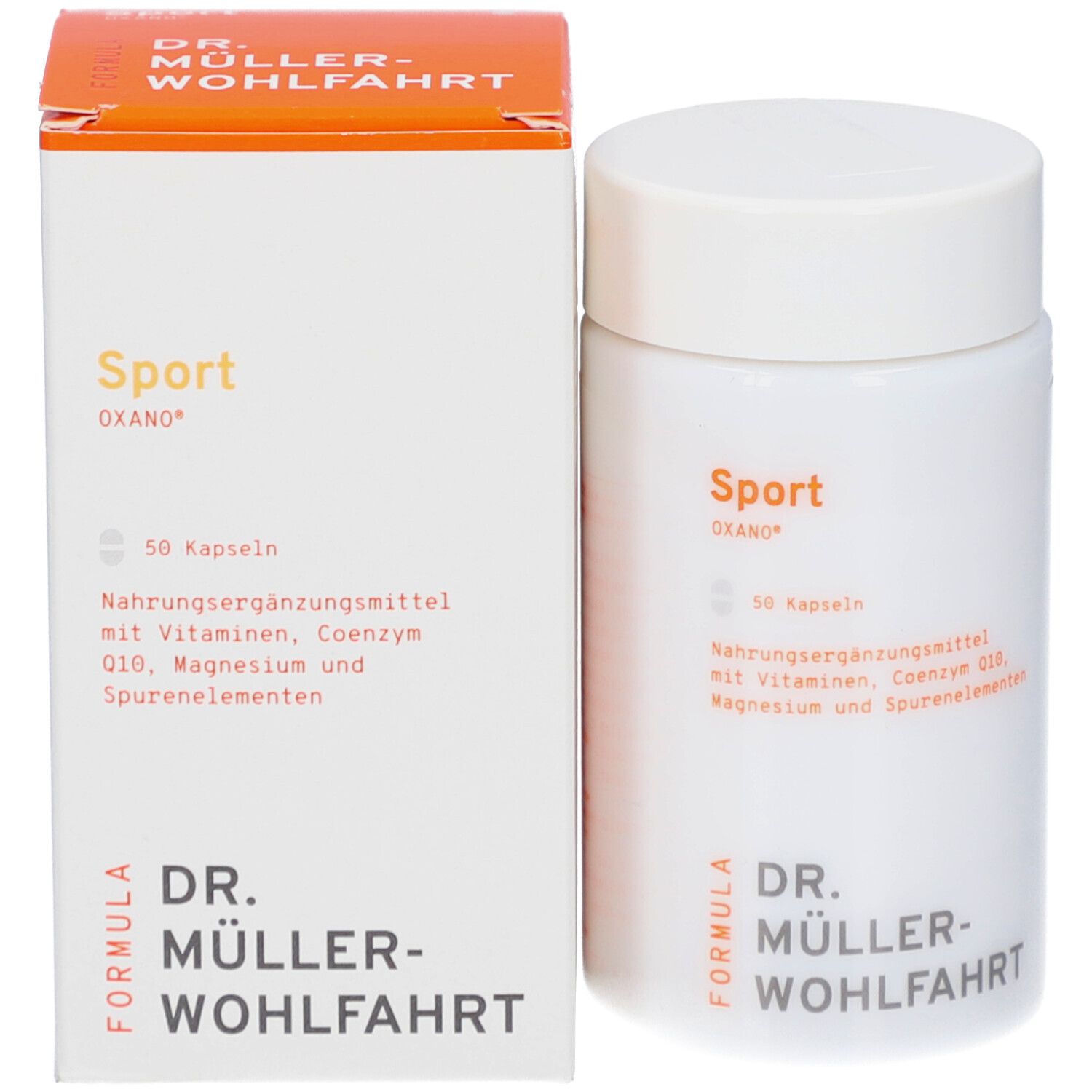 Weiße Dose und Schachtel. Aufschrift: Sport, 50 Kapseln, DR. MÜLLER-WOHLFAHRT. Nahrungsergänzungsmittel.