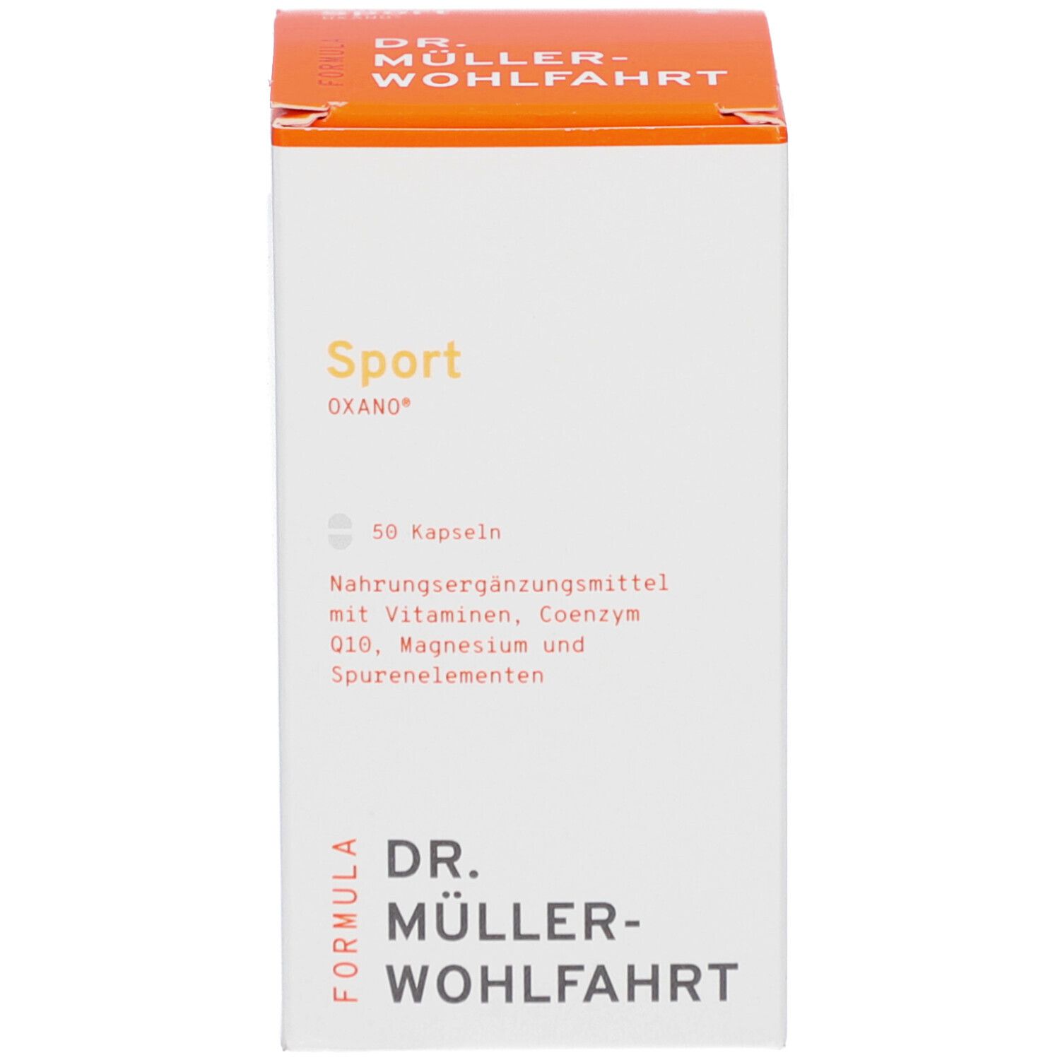 Weiße Schachtel mit orangefarbener Schrift. Aufschrift: Sport, 50 Kapseln, DR. MÜLLER-WOHLFAHRT. Nahrungsergänzungsmittel.