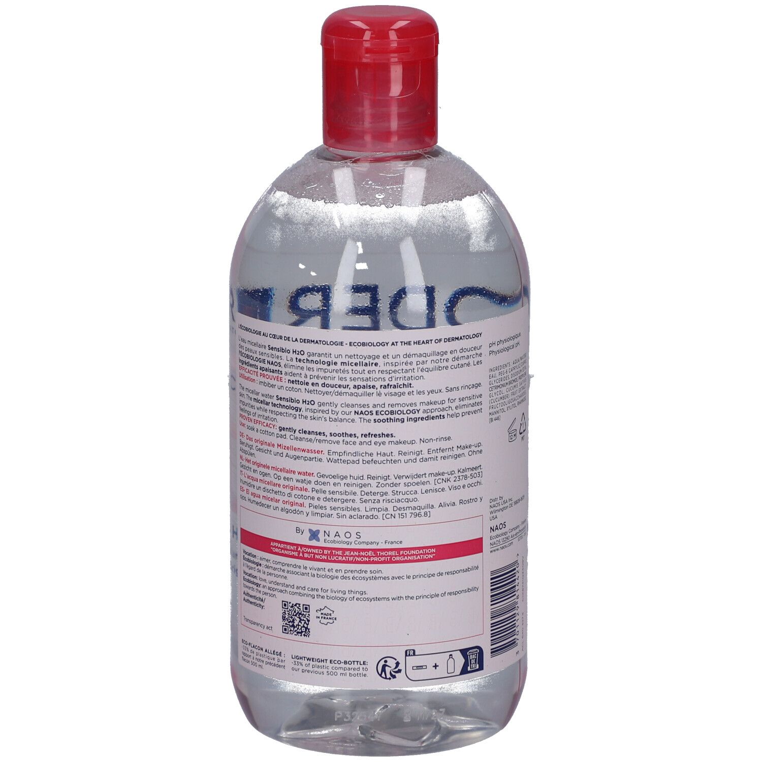 Rückseite der Bioderma Sensibio H2O Victoria Beckham Edition Flasche. Text auf rosa Etikett.
