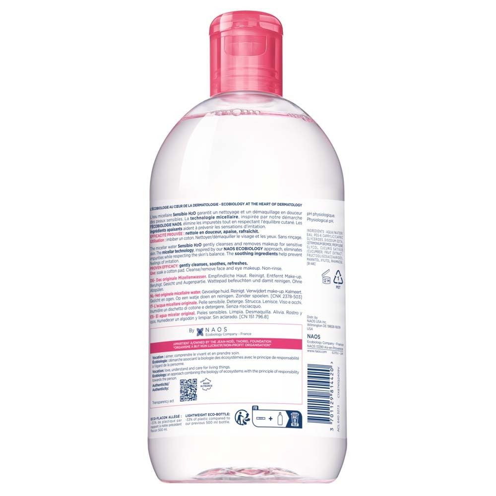 Rückseite der Bioderma Sensibio H2O Flasche. Textinformationen auf weißem Hintergrund.