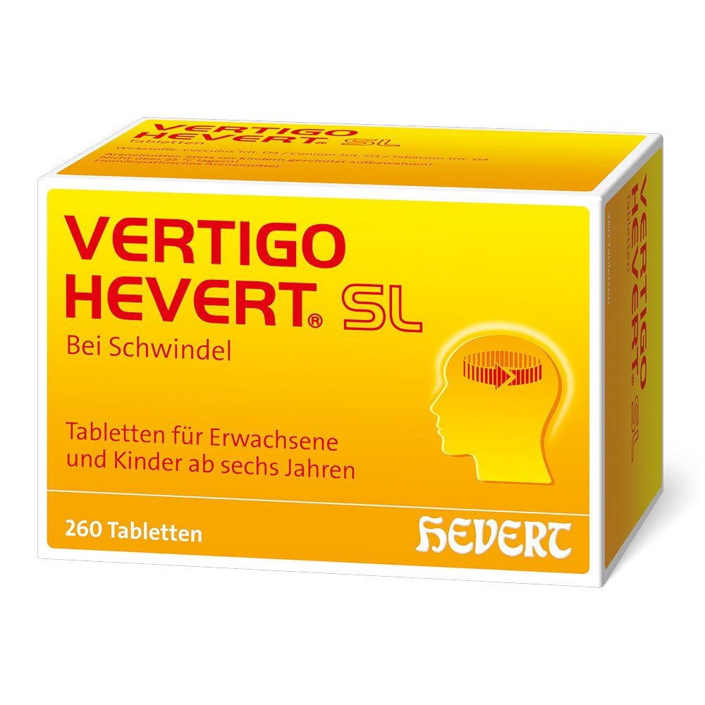 Gelbe Schachtel mit "VERTIGO HEVERT SL"-Tabletten. Text: Bei Schwindel. 260 Tabletten. Hevert-Logo.