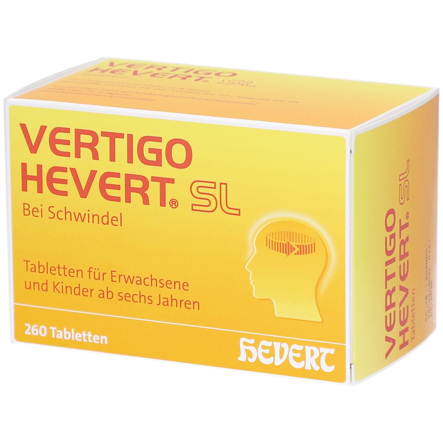 Gelbe Schachtel mit "VERTIGO HEVERT. SL"-Schriftzug. Enthält 260 Tabletten. Aufdruck: "Bei Schwindel".