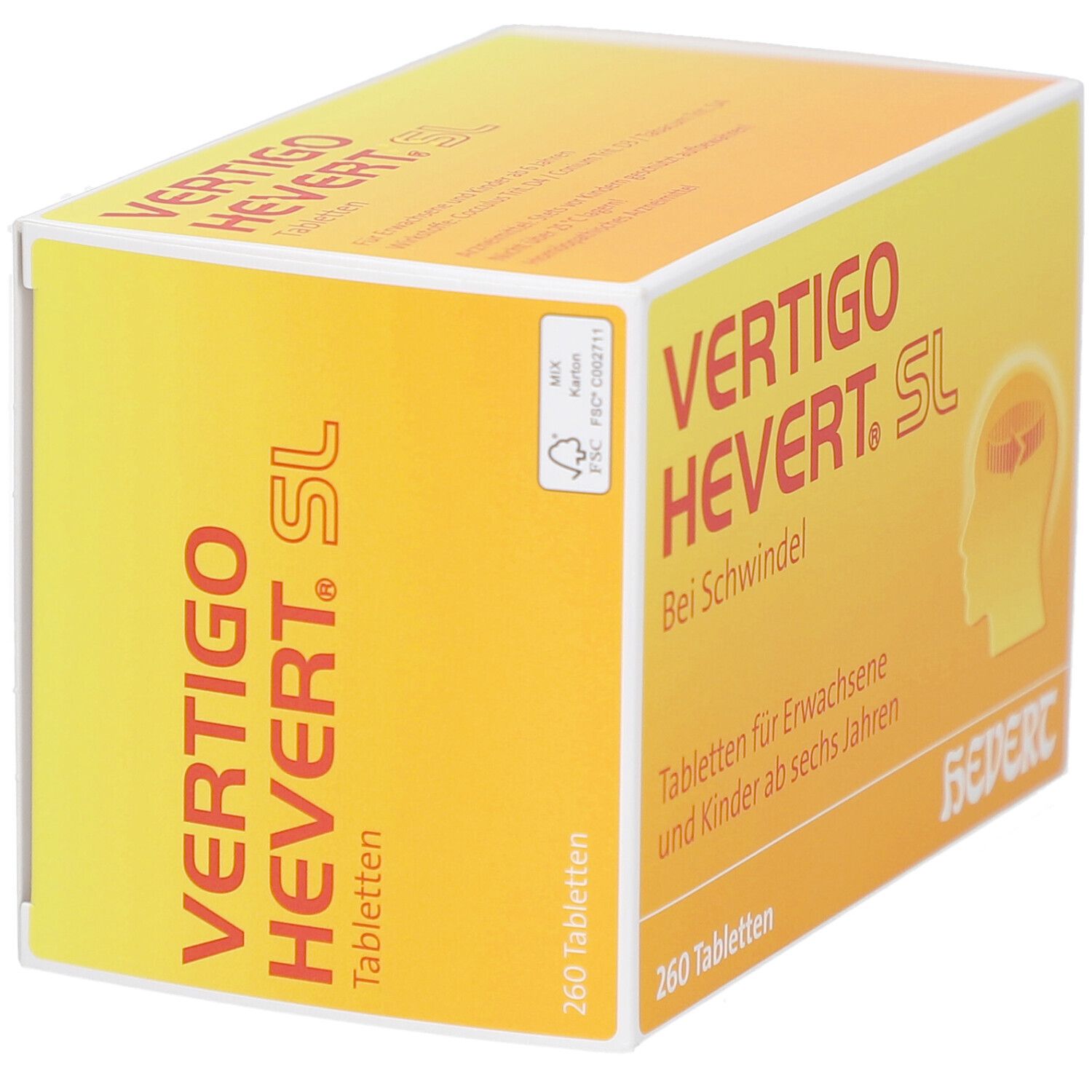 Gelbe Schachtel mit "VERTIGO HEVERT. SL"-Schriftzug. Enthält 260 Tabletten. FSC-Logo.