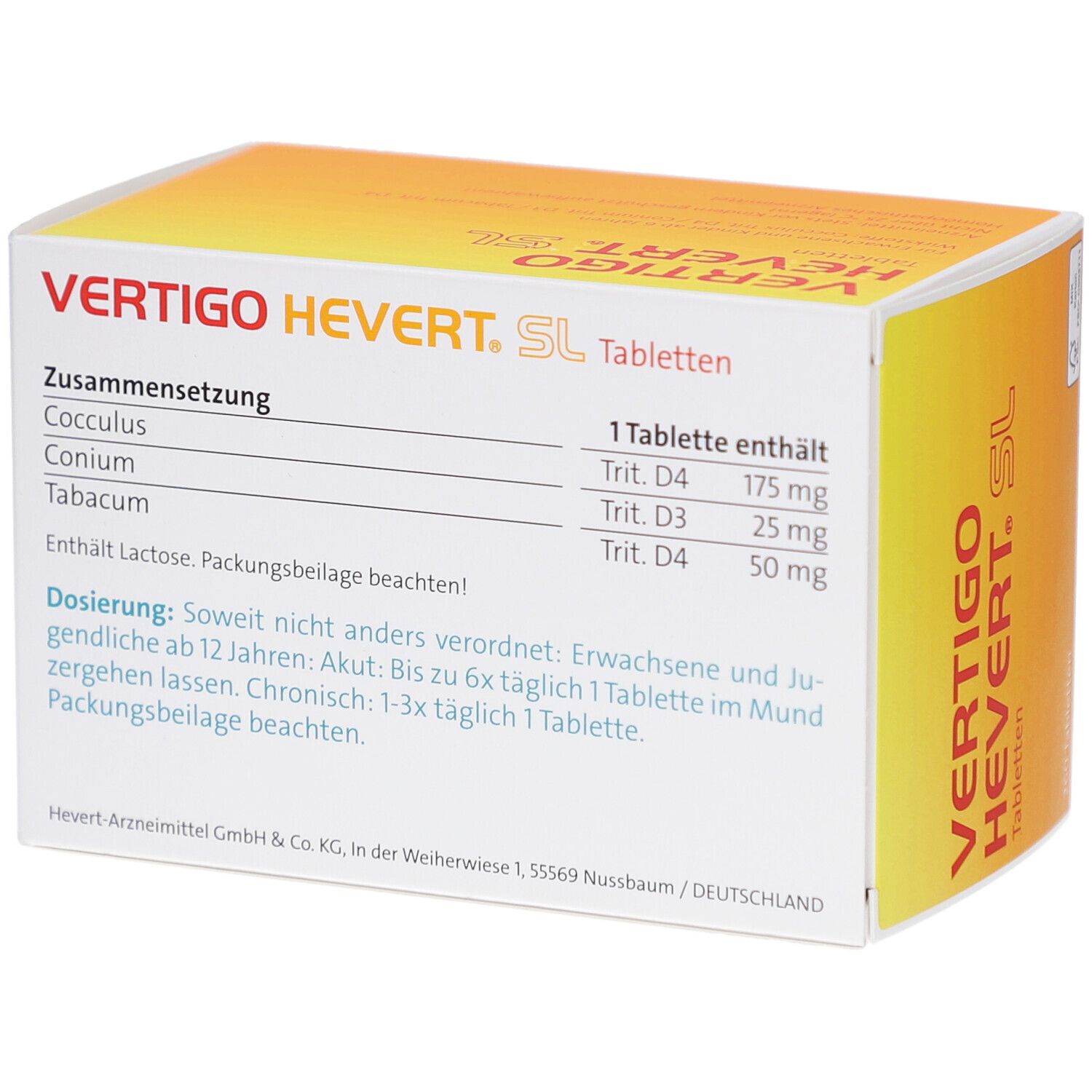 Schachtelrückseite mit Inhaltsangaben und Dosierungshinweisen. "VERTIGO HEVERT. SL"-Schriftzug.
